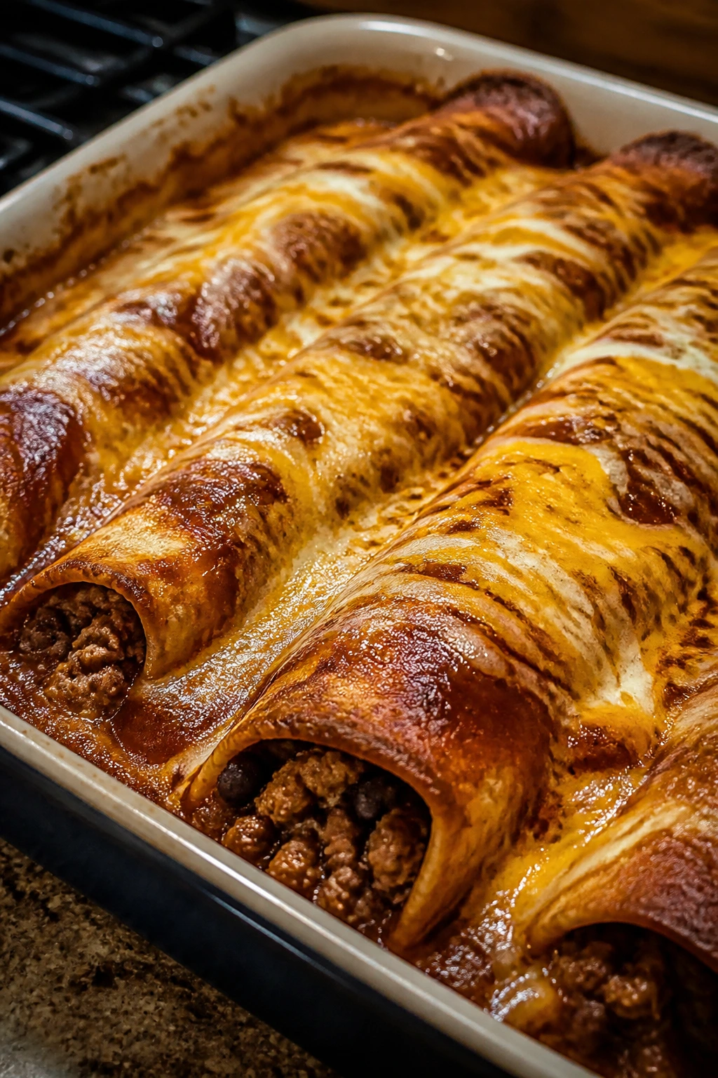 Close-up of beef and bean enchiladas in a baking tray with melted cheese