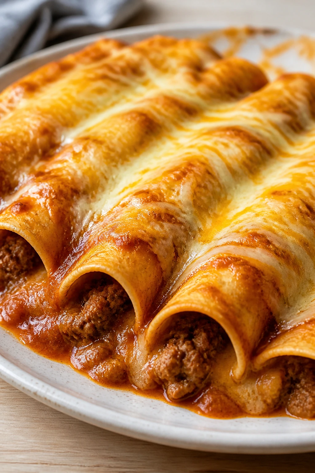 Beef enchiladas on a plate with melted cheese