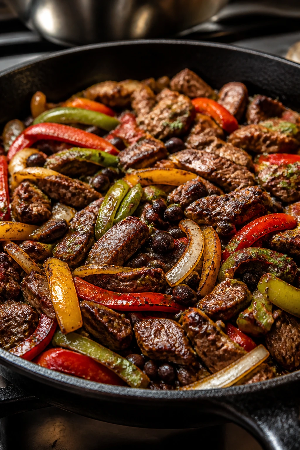 Close-up of Beef Fajita Skillet with peppers onions and black beans