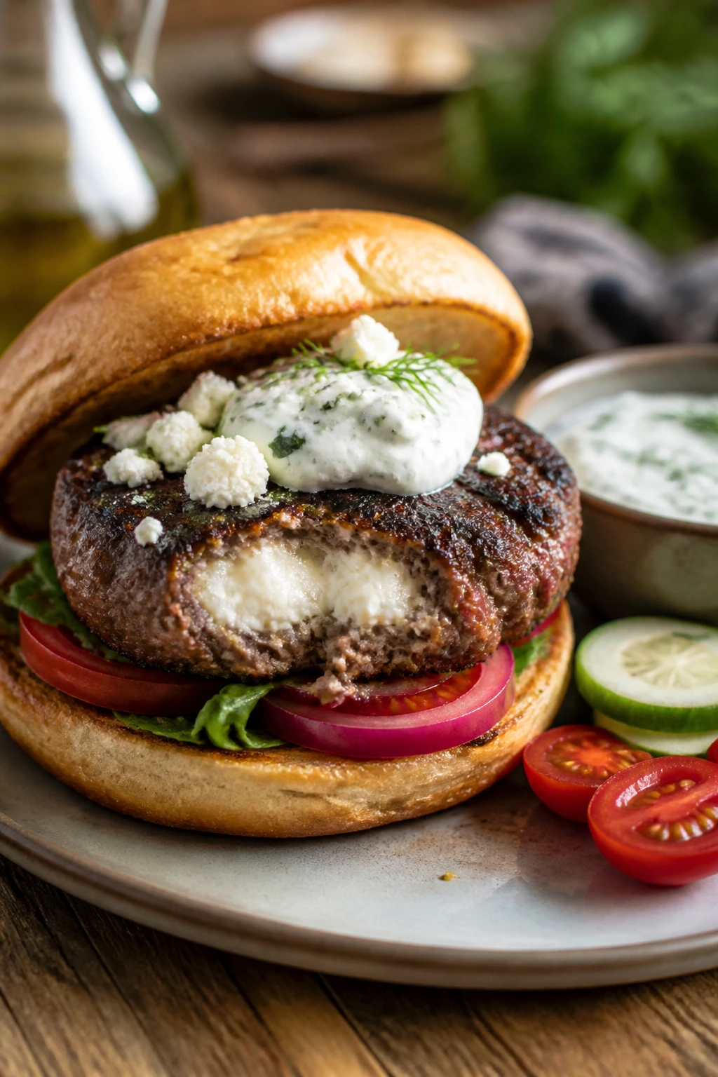 Close-up of Mediterranean beef burger with feta on a bun