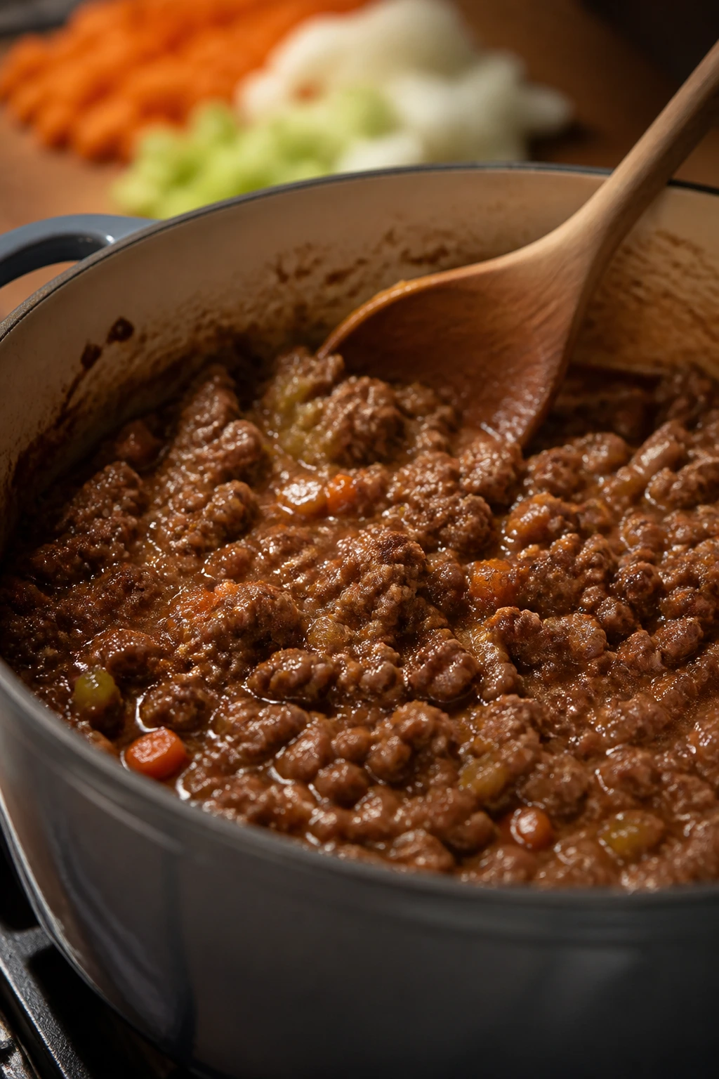 Beef filling simmering in a pan with aromatics