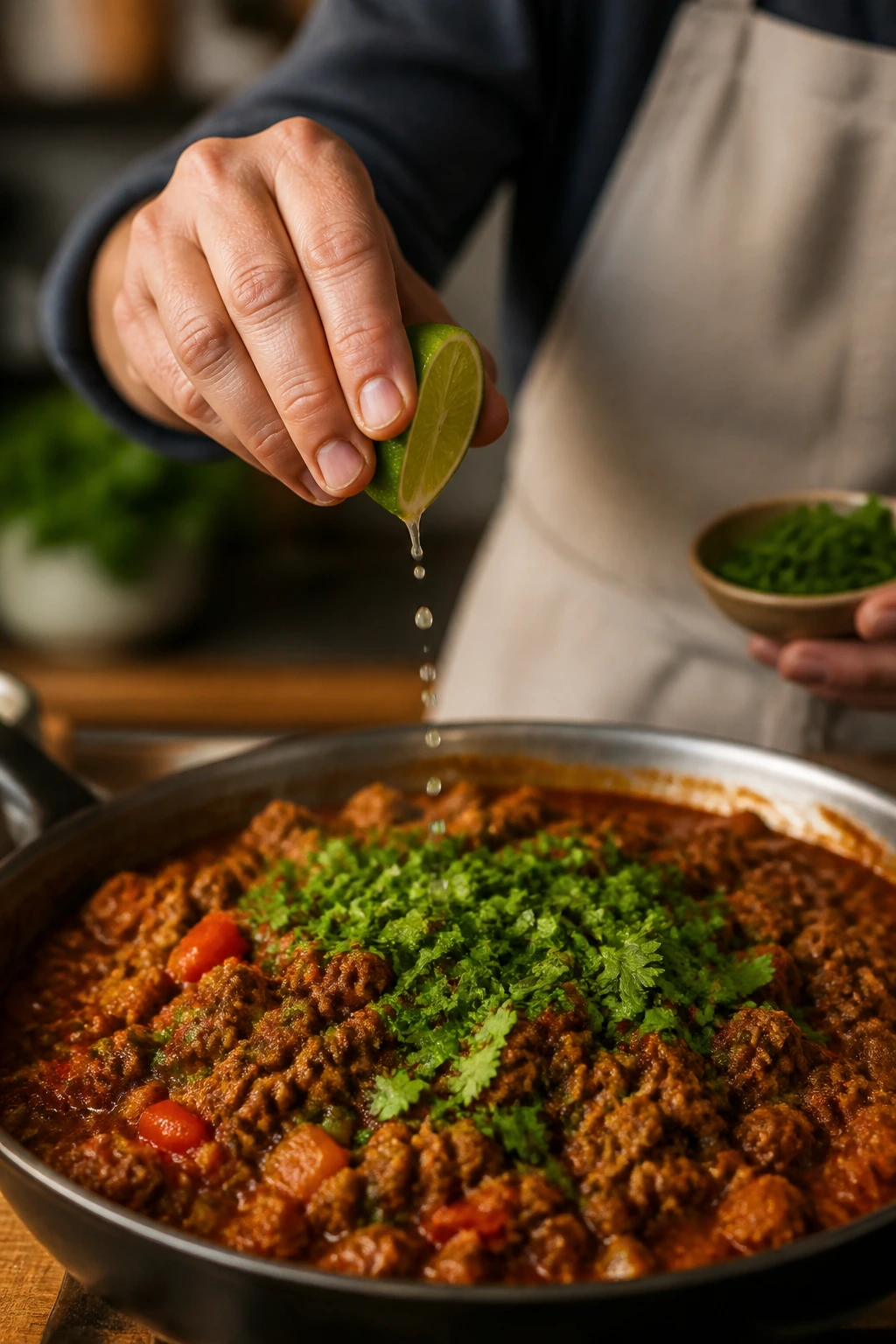 Finishing touches on a saucy beef skillet with lime and herbs