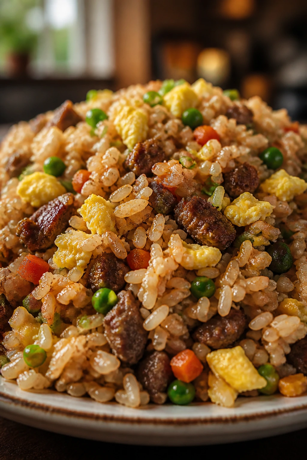 Beef fried rice close-up with beef, eggs, and vegetables on a plate