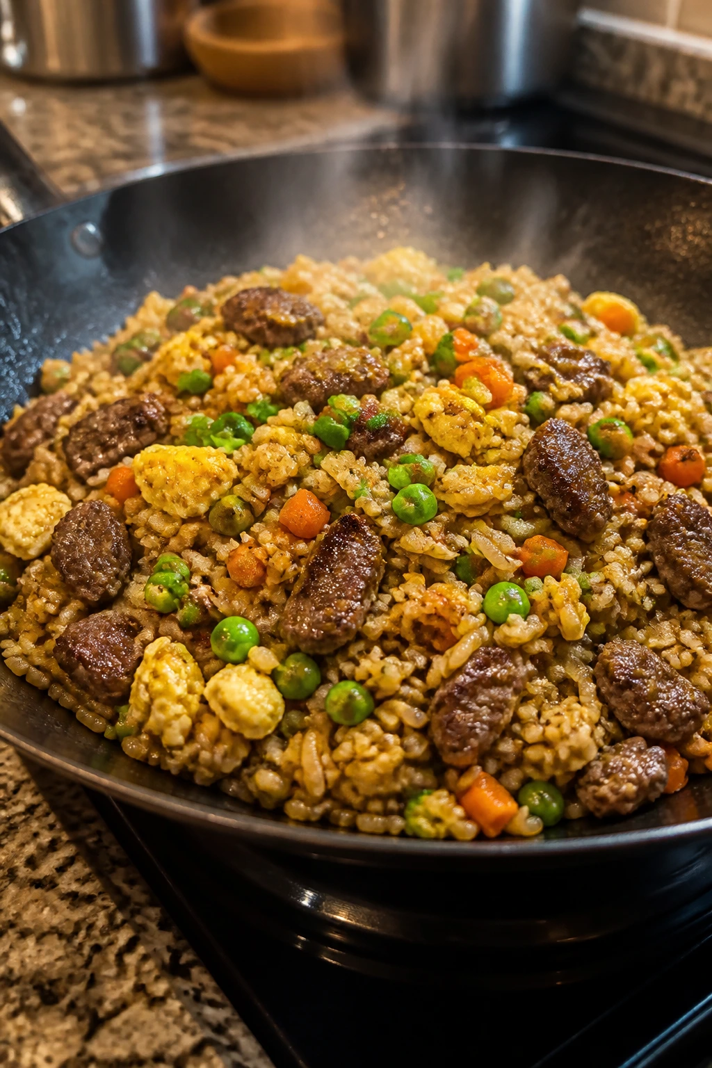 Beef fried rice with peas carrots eggs in a wok
