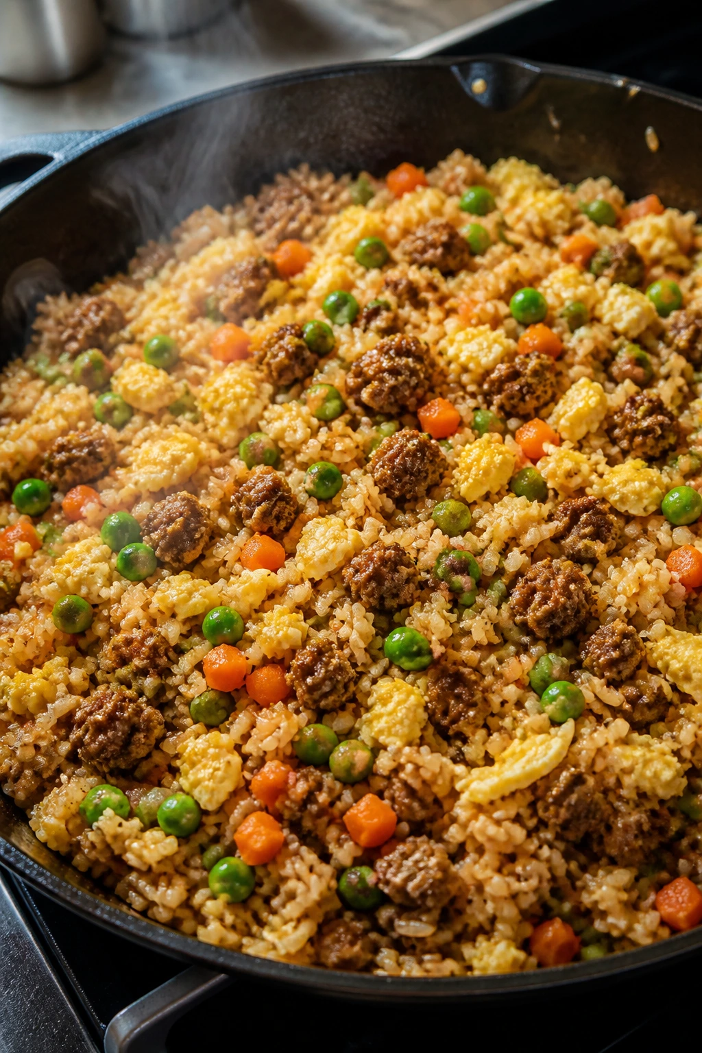 Close-up of beef veggie fried rice in a skillet with peas, carrots, eggs, and brown rice