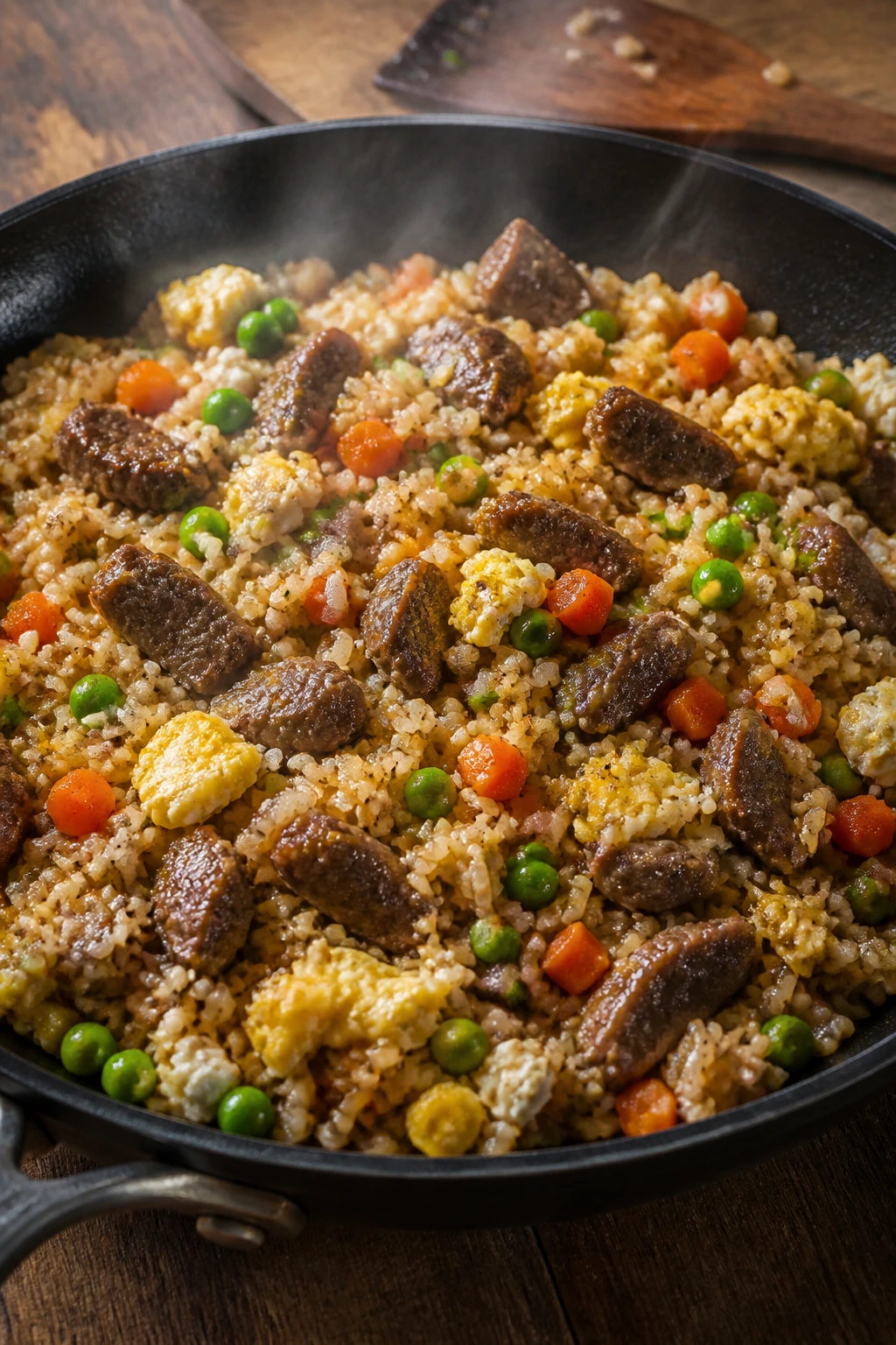 Beef and veggie fried rice in skillet close-up
