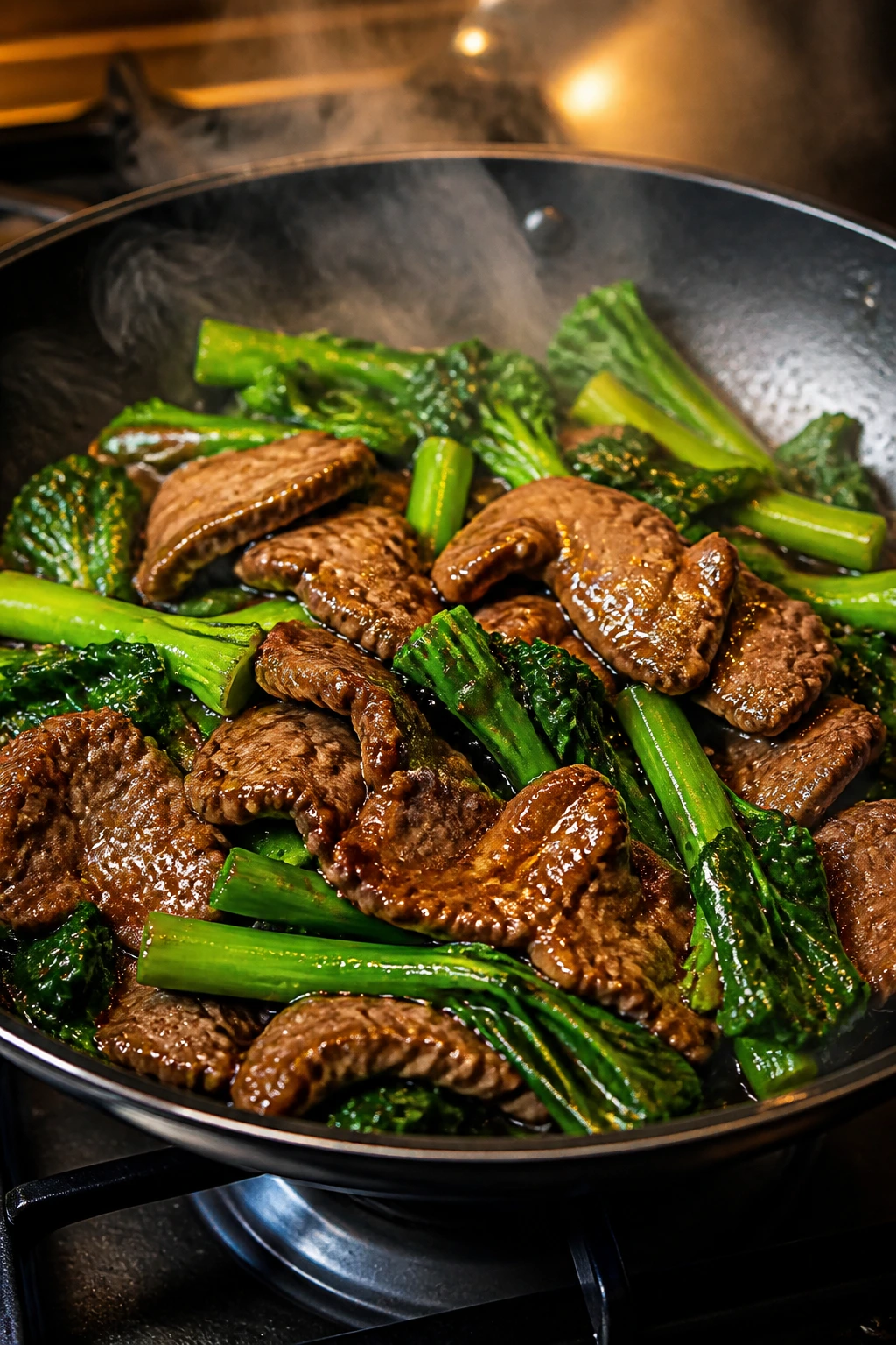 Close-up of beef and gai lan with oyster sauce in wok, warm kitchen lighting