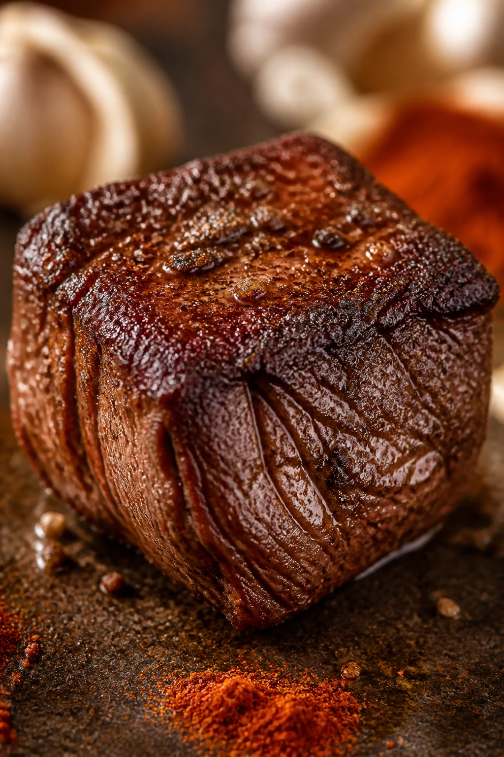 Beef cube with deep caramel crust suggesting weight of ingredients