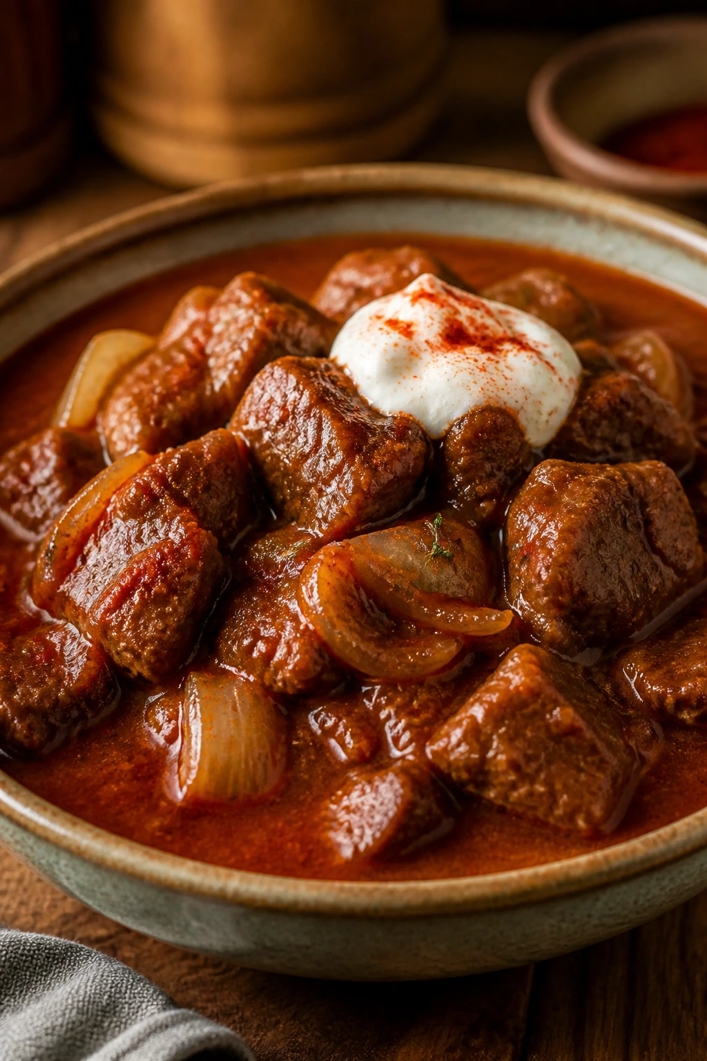 Close-up of beef goulash with paprika, onions, and potatoes in a bowl