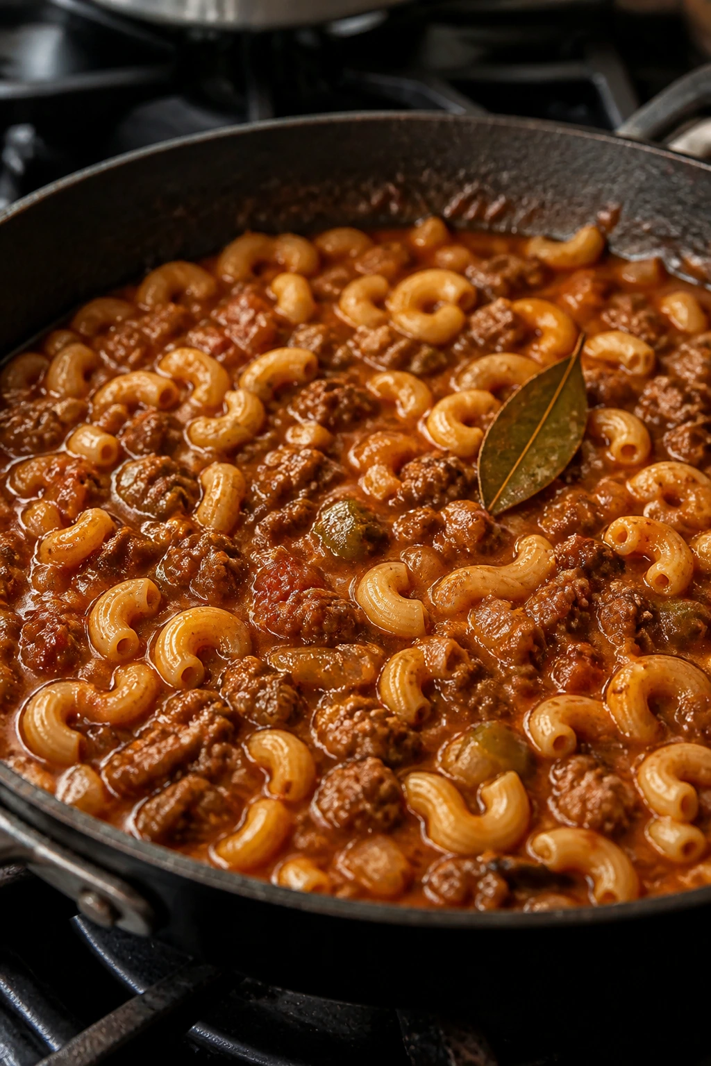Close-up goulash skillet with pasta and beef in red tomato sauce