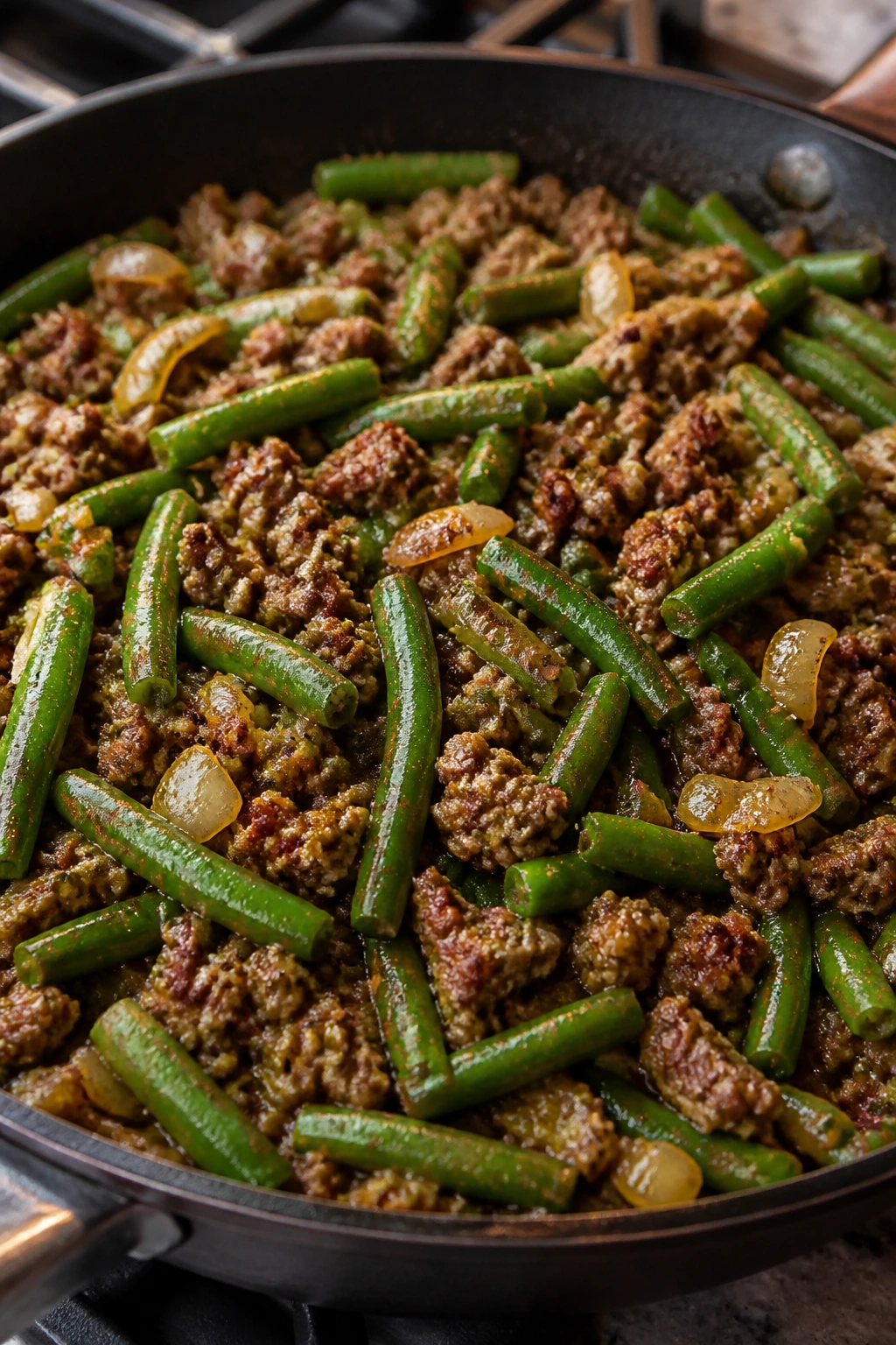Beef and green bean skillet filled with beef and green beans
