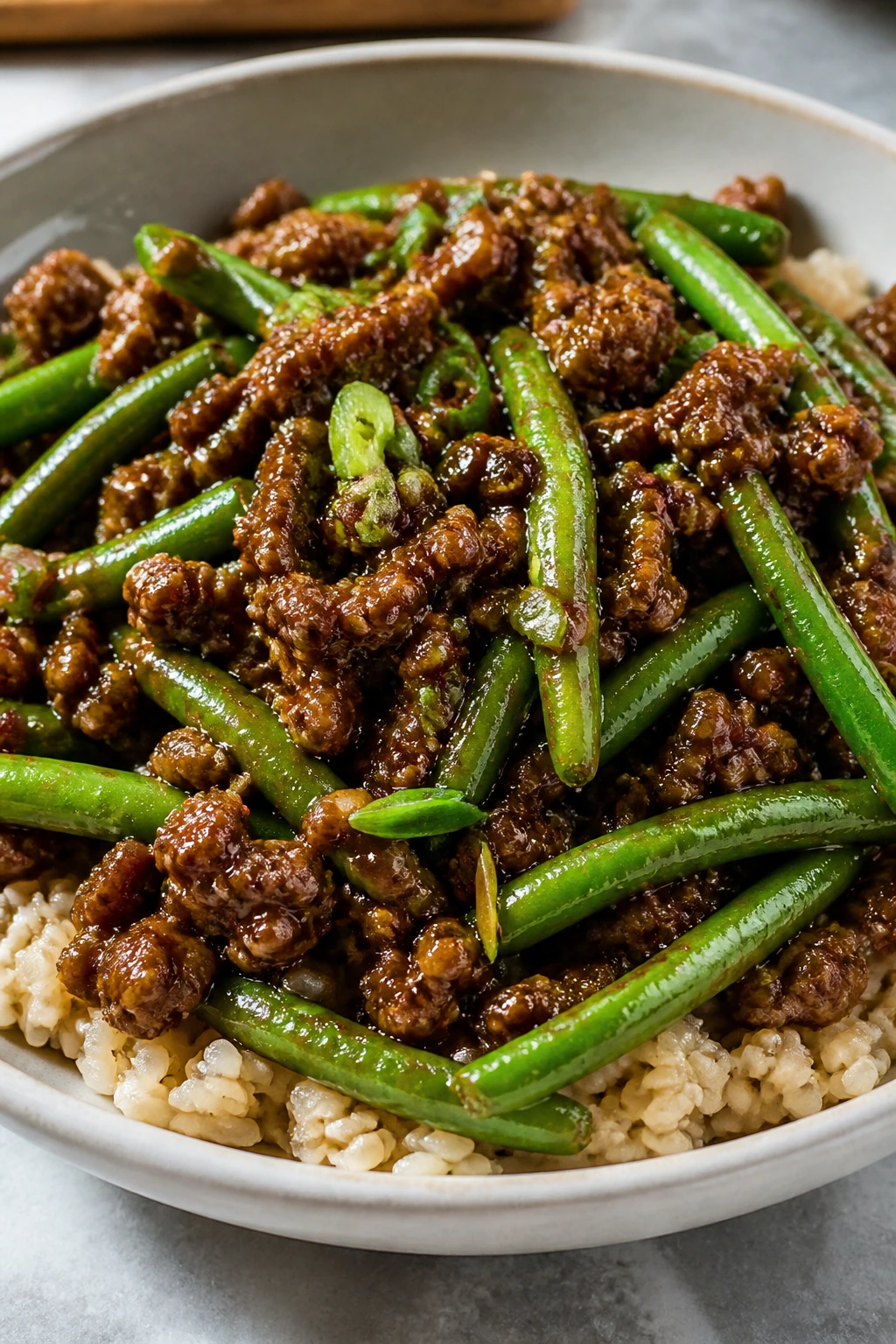 Beef and green bean stir-fry over brown rice in a shallow bowl