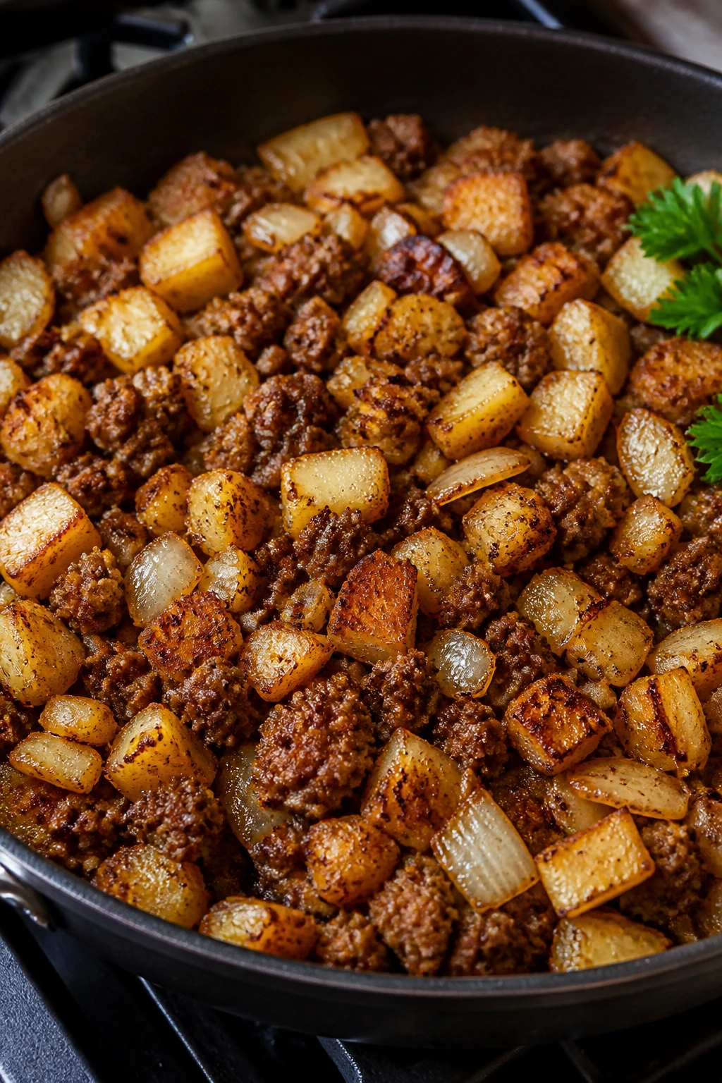 Close-up skillet beef and potato hash with browned potatoes and onions