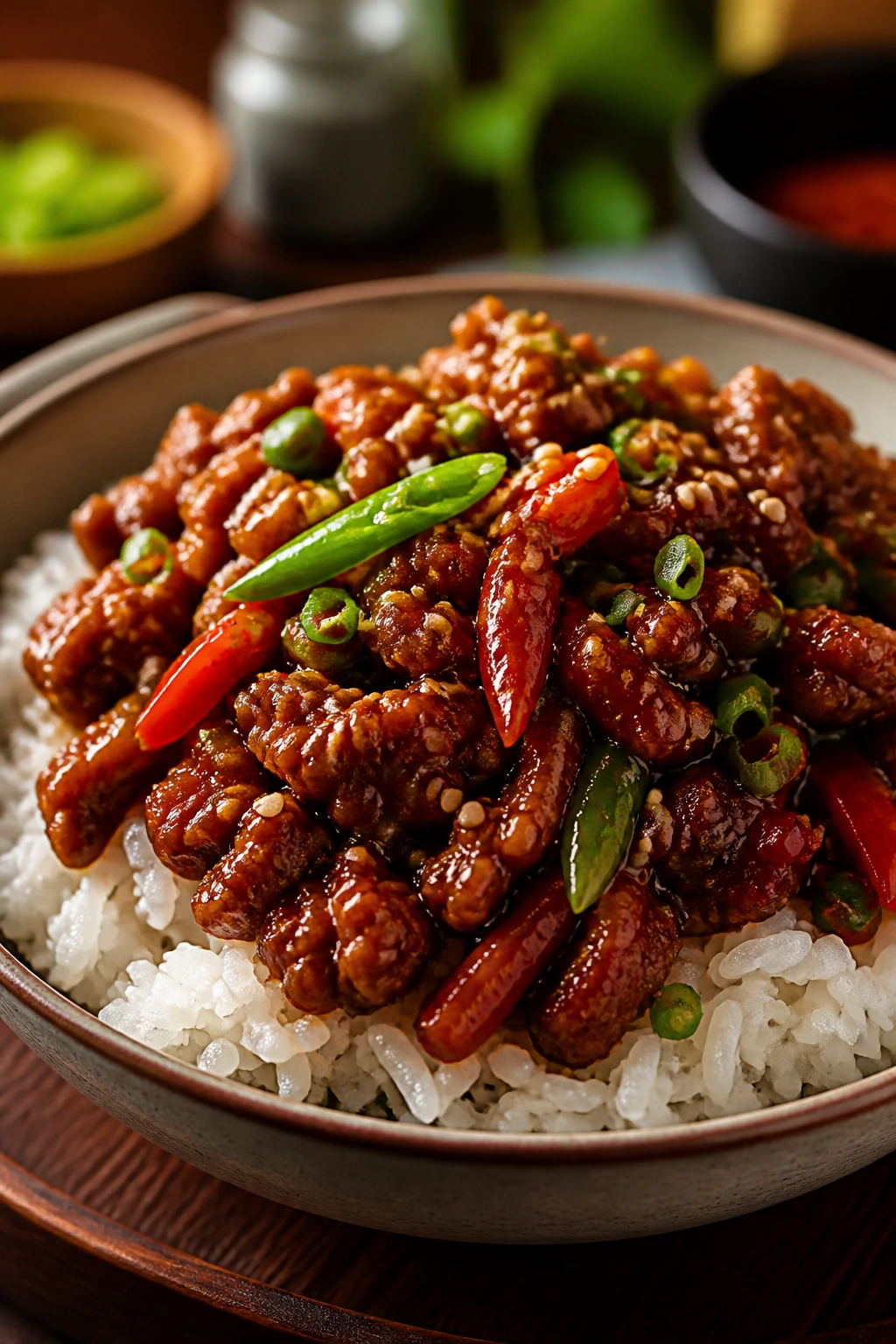 Beef stir-fry served over jasmine rice in a bowl with glossy sauce