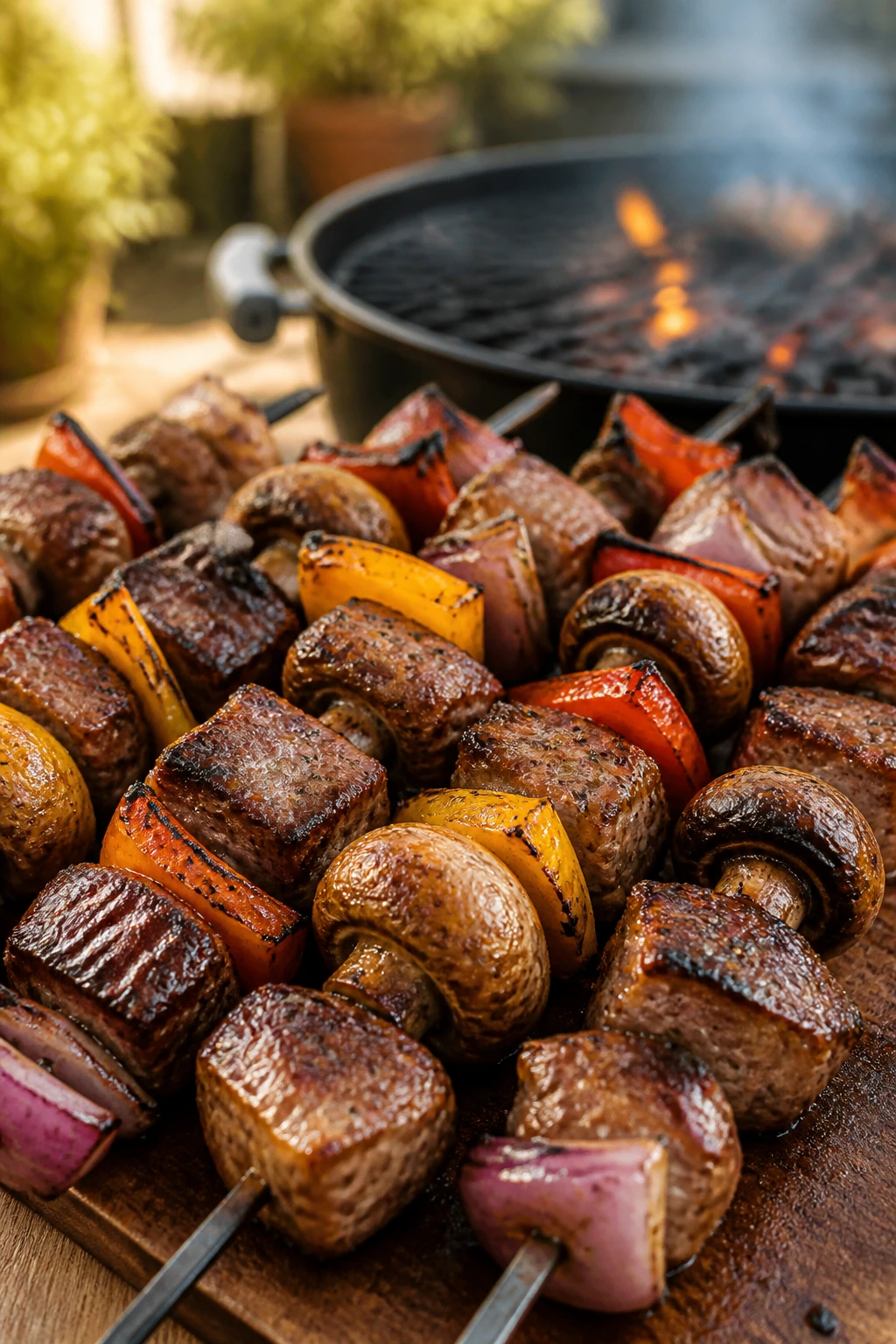 Close-up of beef and mushroom kebabs grilling on a backyard grill.