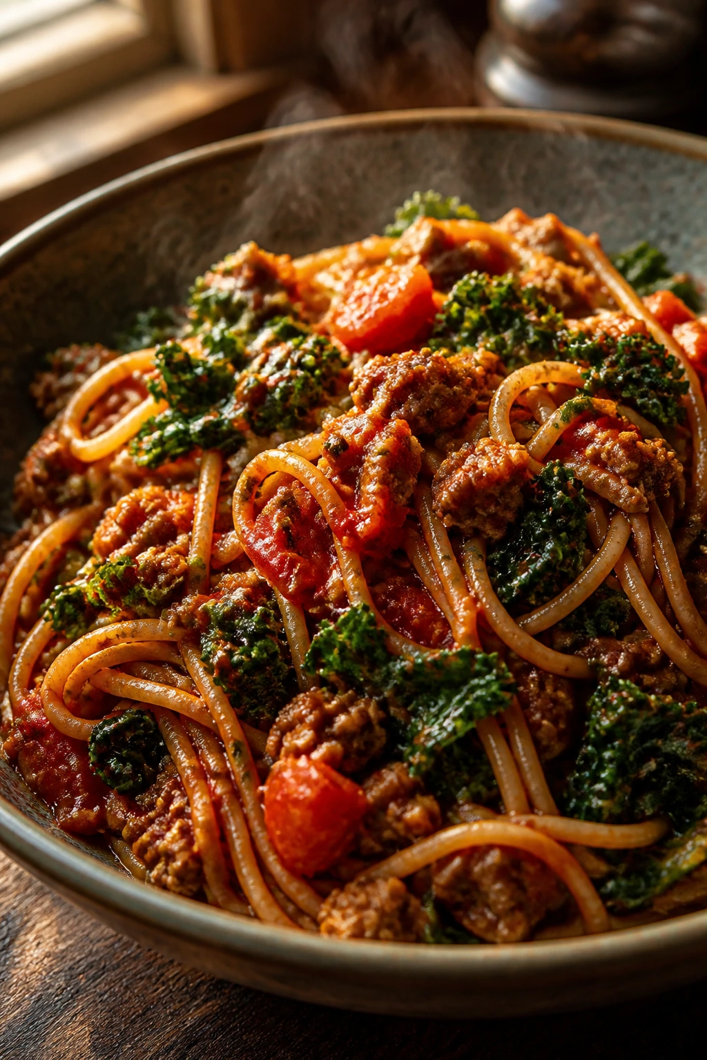 Close-up of whole-wheat spaghetti with beef kale tomato sauce