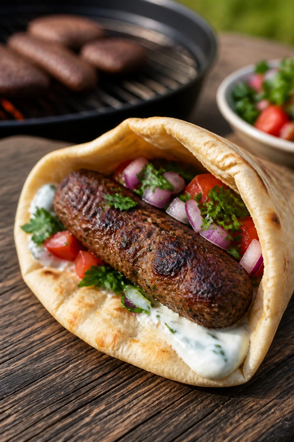 Beef kofta log in a pita on an outdoor table