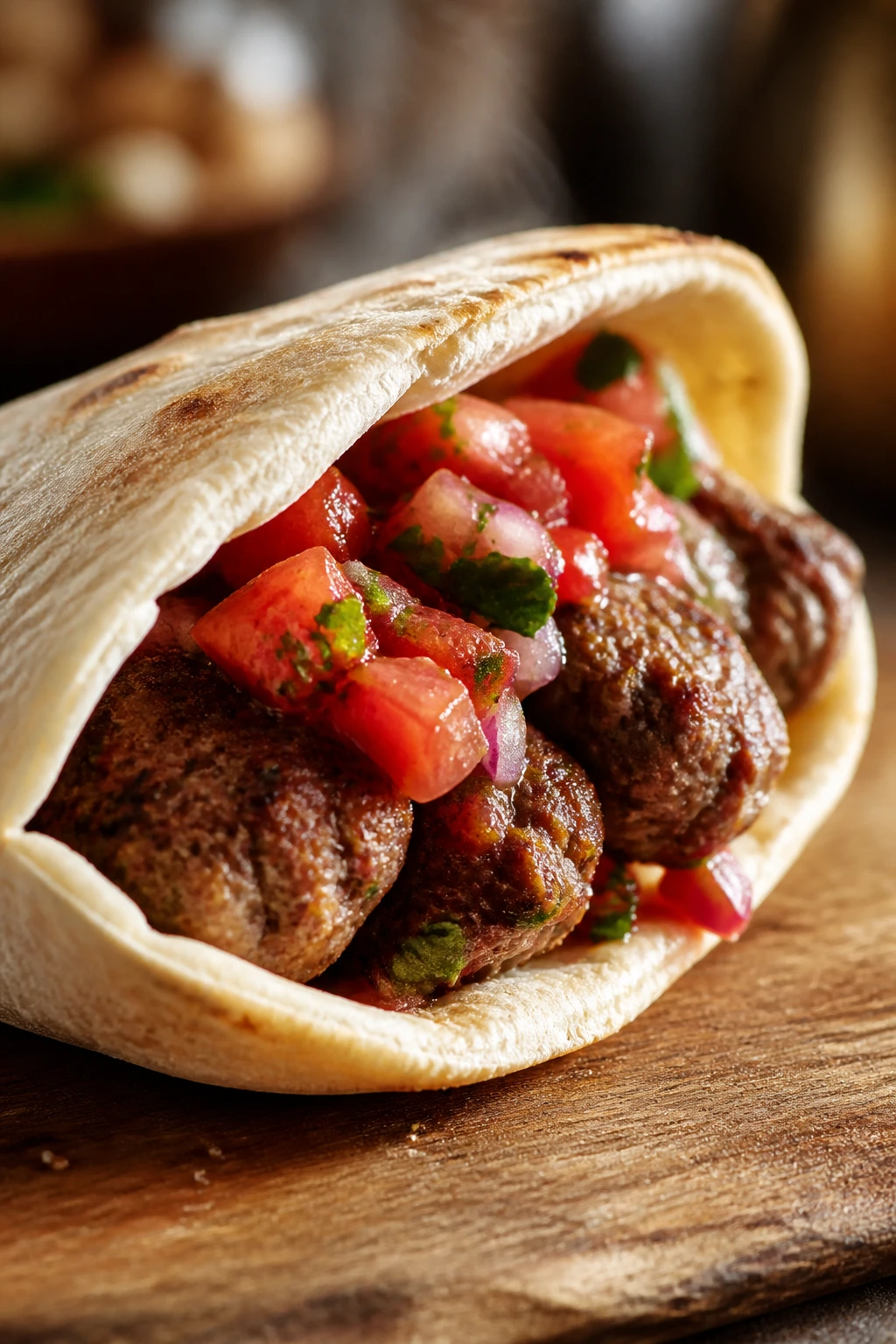 Close-up of a beef kofta pita with tomato relish.