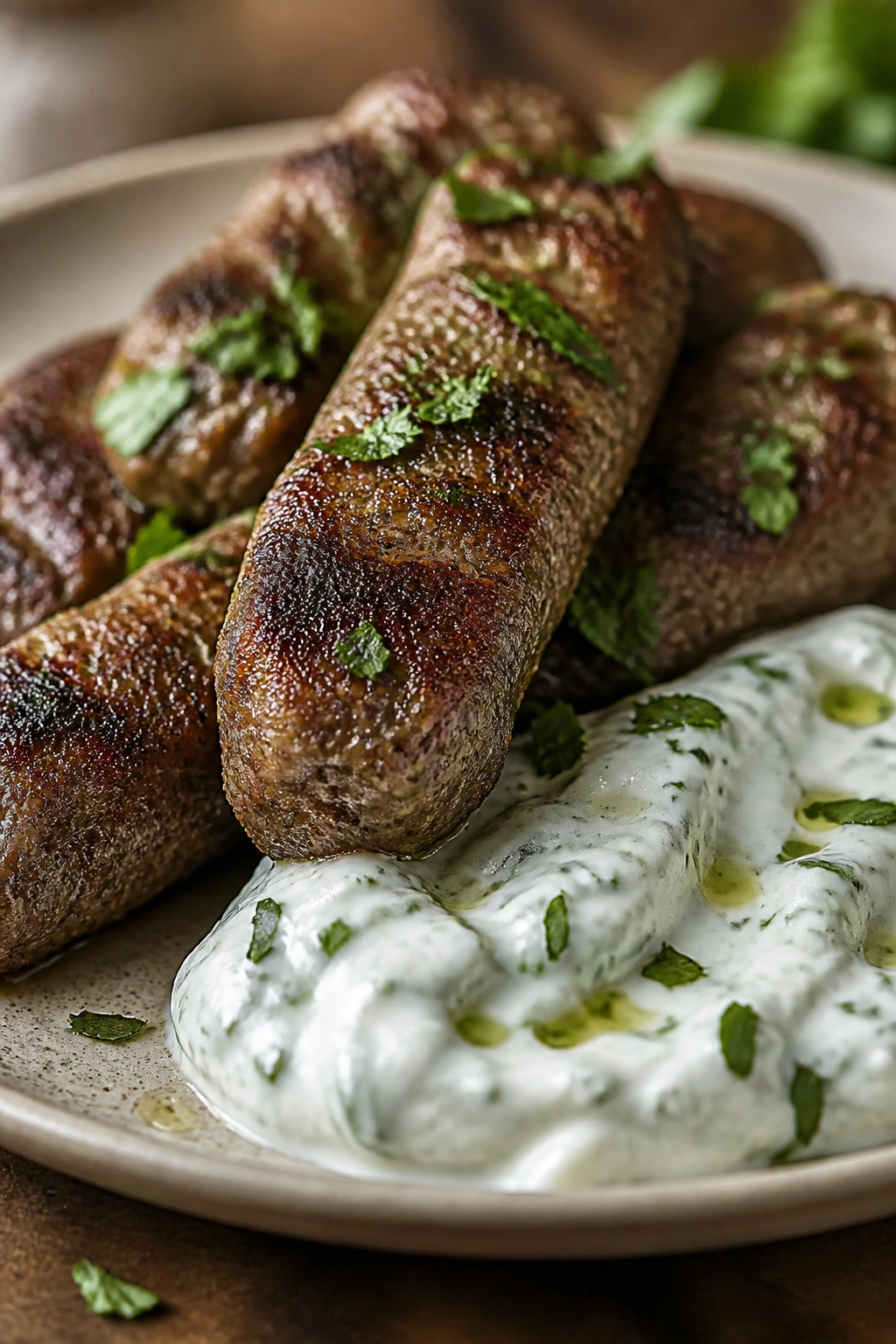 Kofta with yogurt sauce on a plate