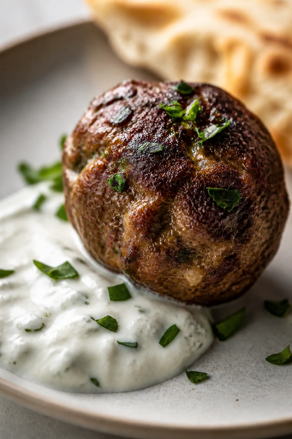 Close-up of beef kofta meatball with yogurt sauce on a plate