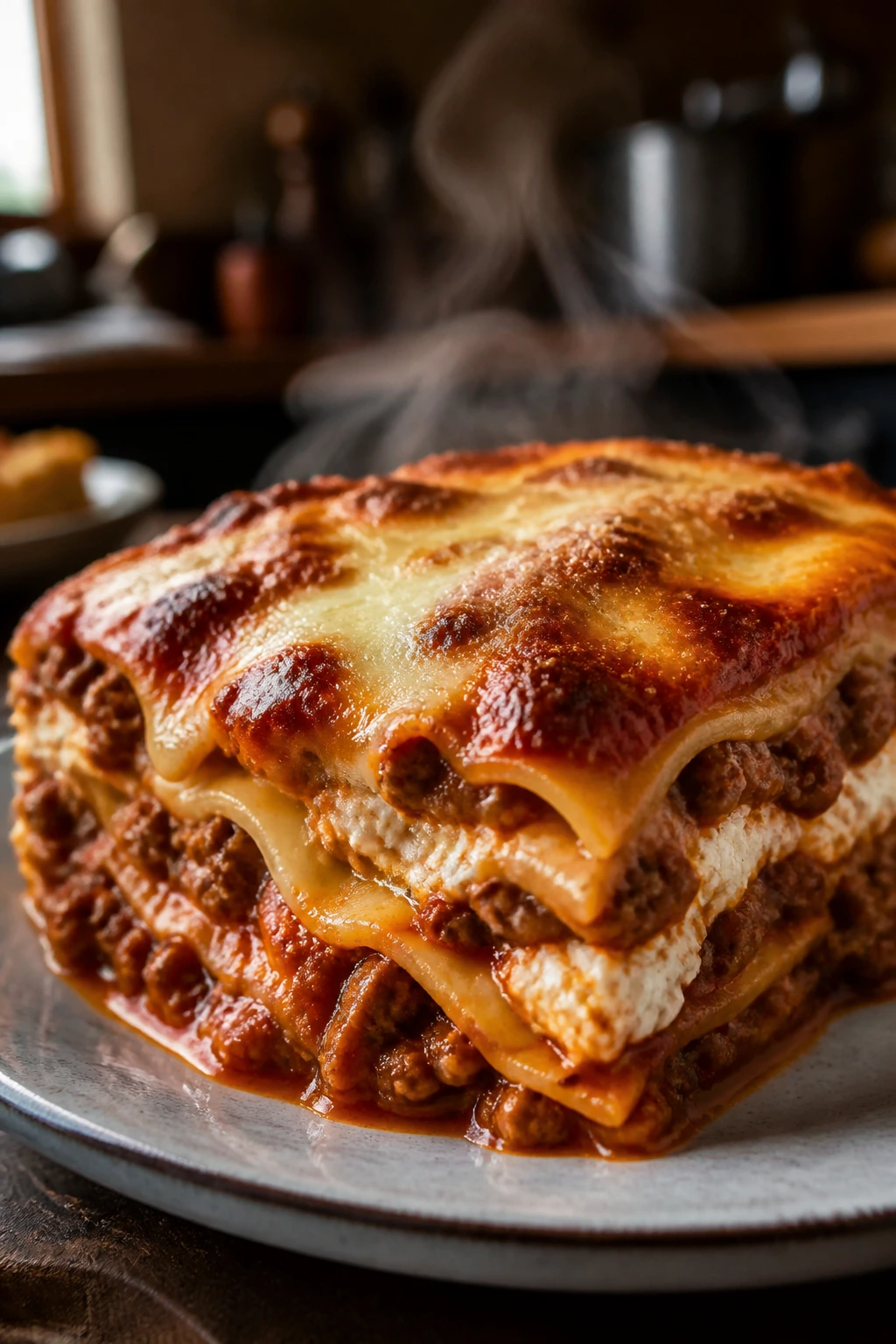 Beef lasagna slice with bubbling cheese