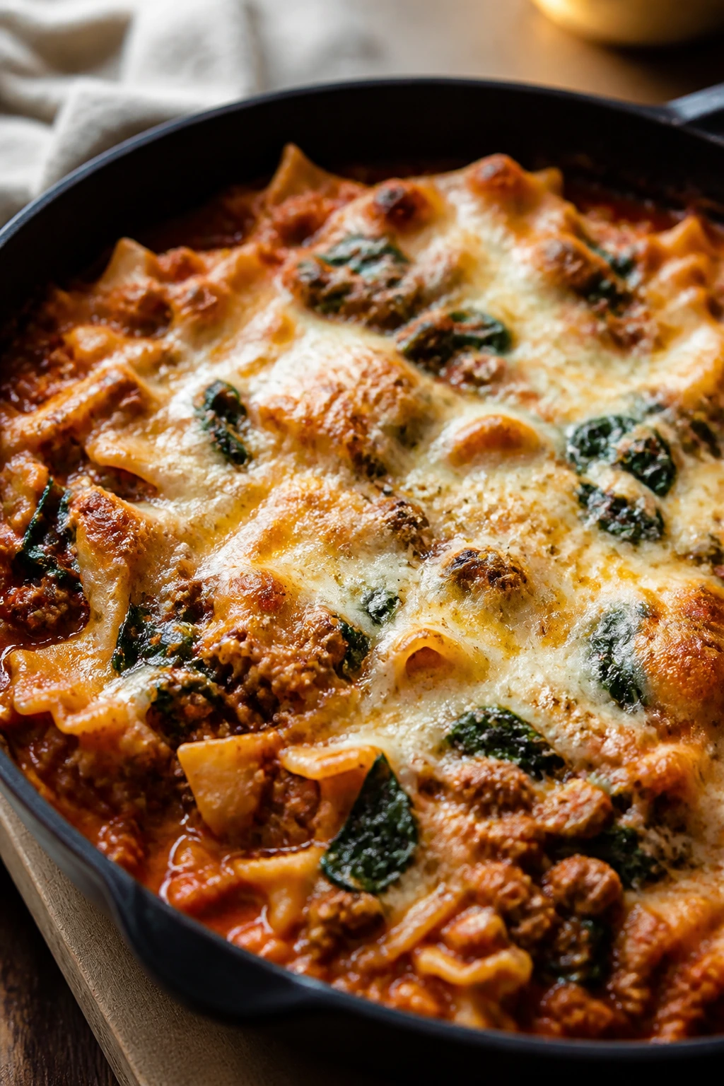 Close-up of Beef and Spinach Lasagna Skillet with noodles and spinach
