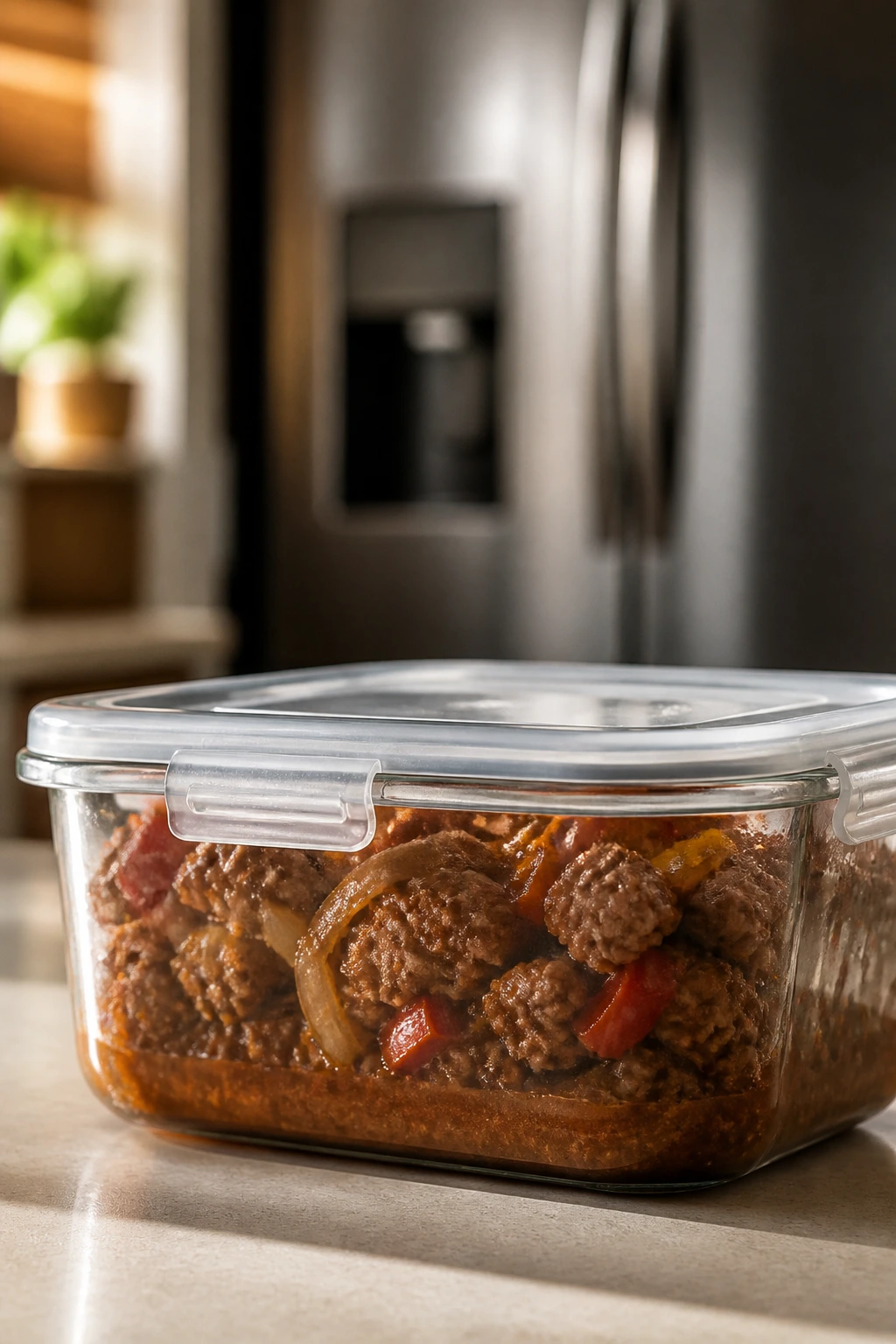 Close-up of sealed glass container with beef skillet leftovers in a kitchen fridge setting