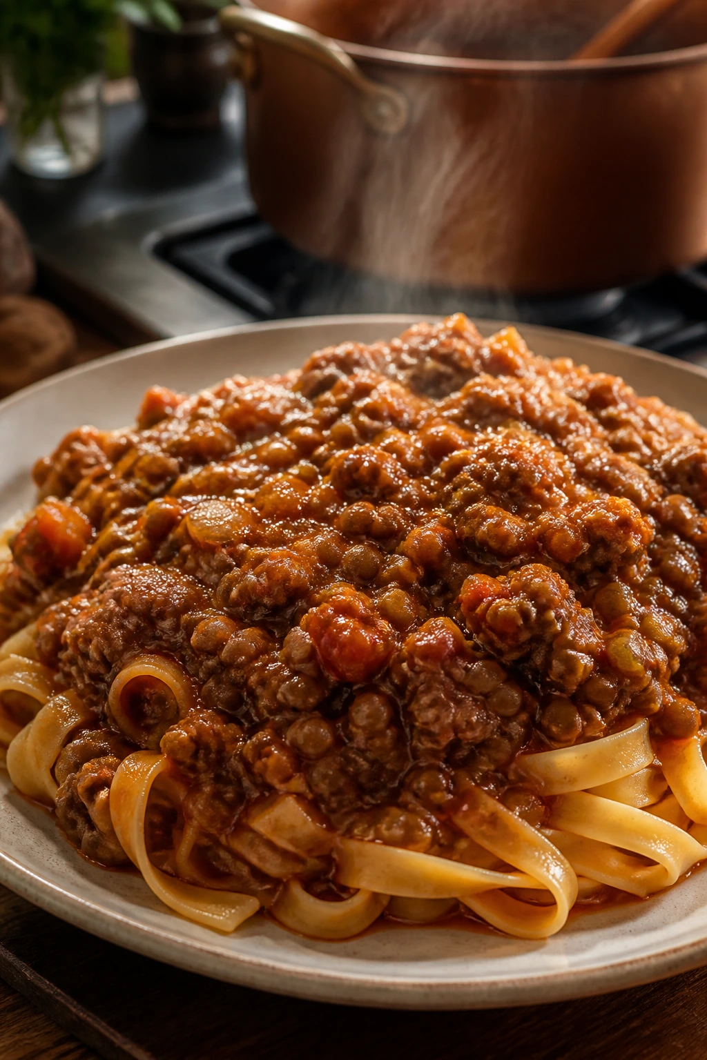 Thick beef lentil Bolognese sauce on pasta in a plate