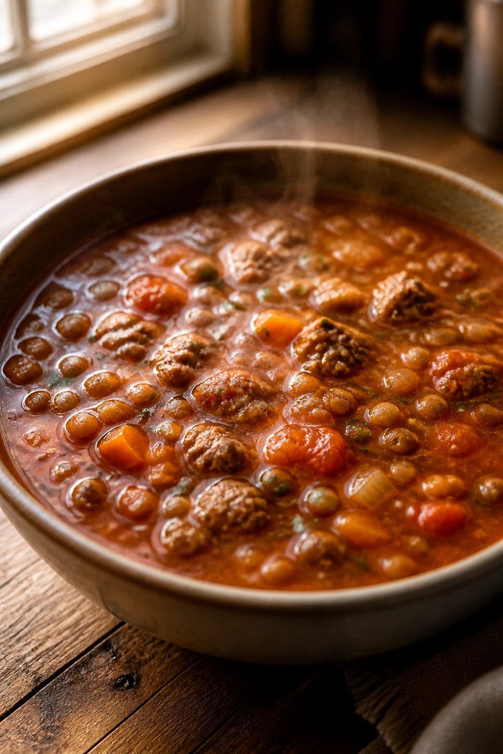 Beef and lentil soup in a rustic bowl