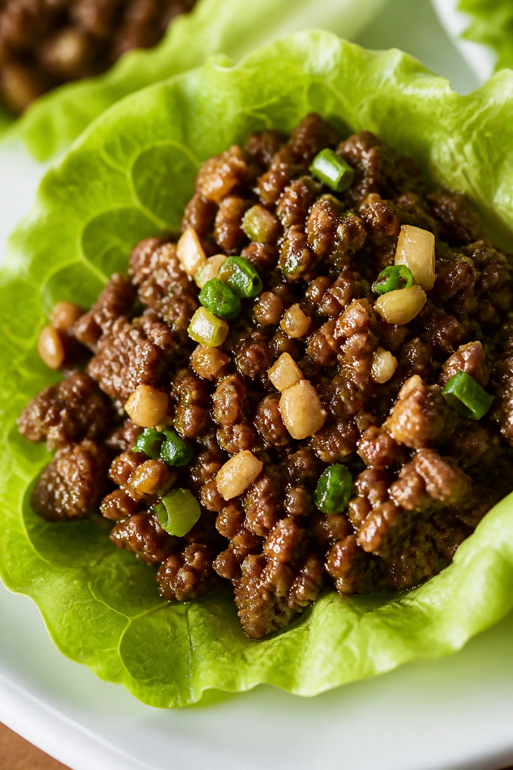 Close-up of garlic-ginger beef lettuce cup on plate