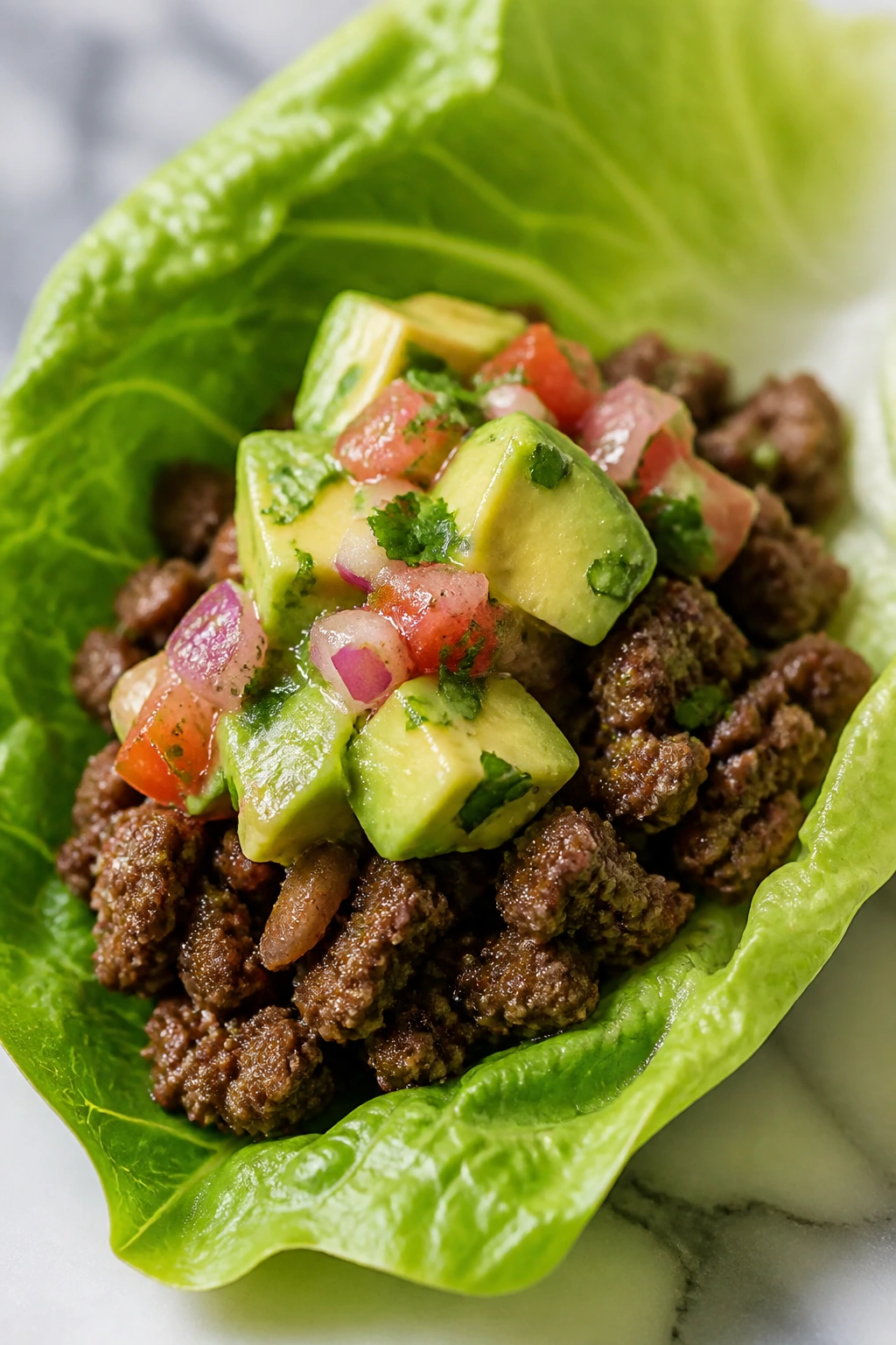 Beef lettuce taco with avocado salsa in a lettuce cup