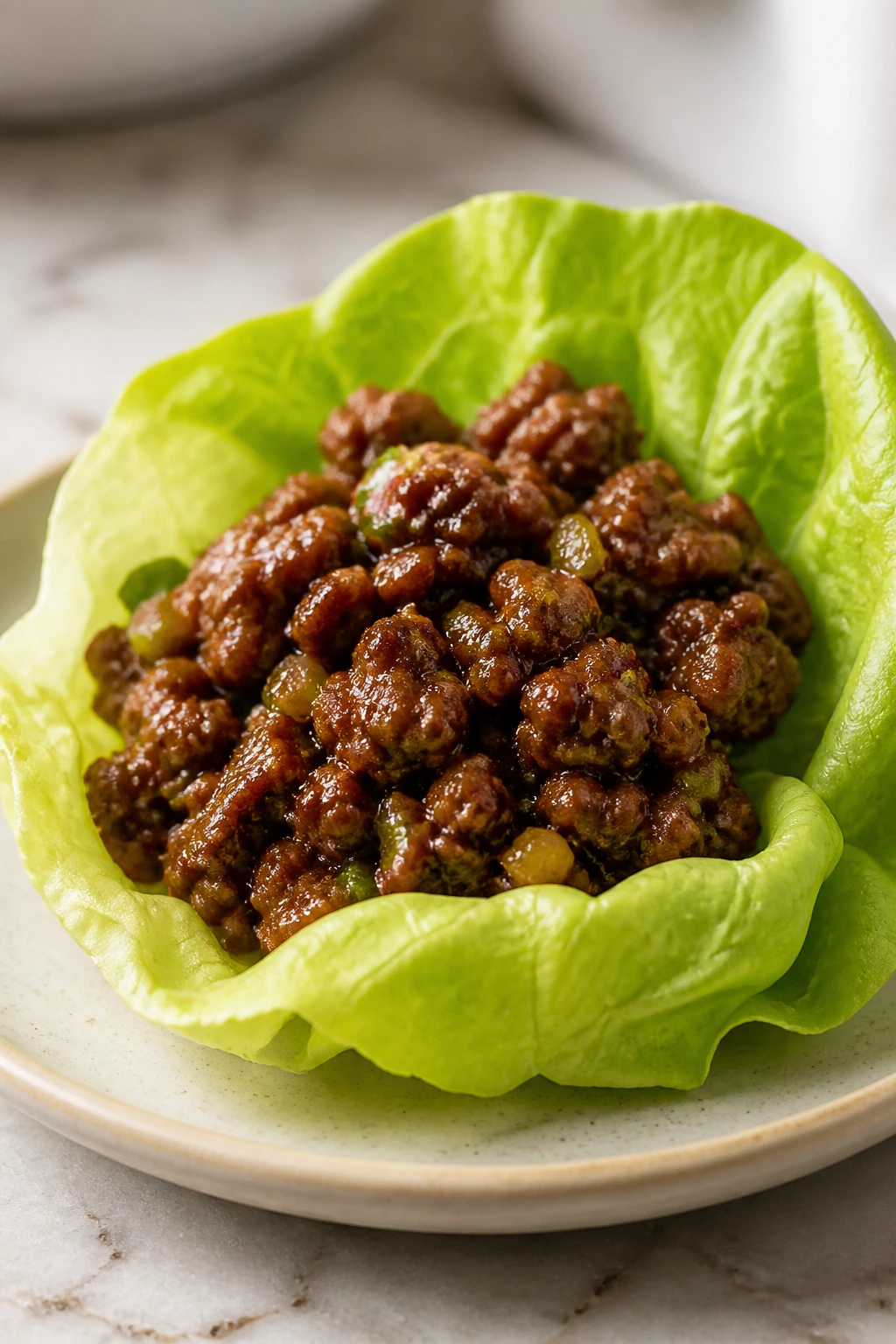 Lettuce wrap with seasoned beef and soy-hoisin sauce in a lettuce cup