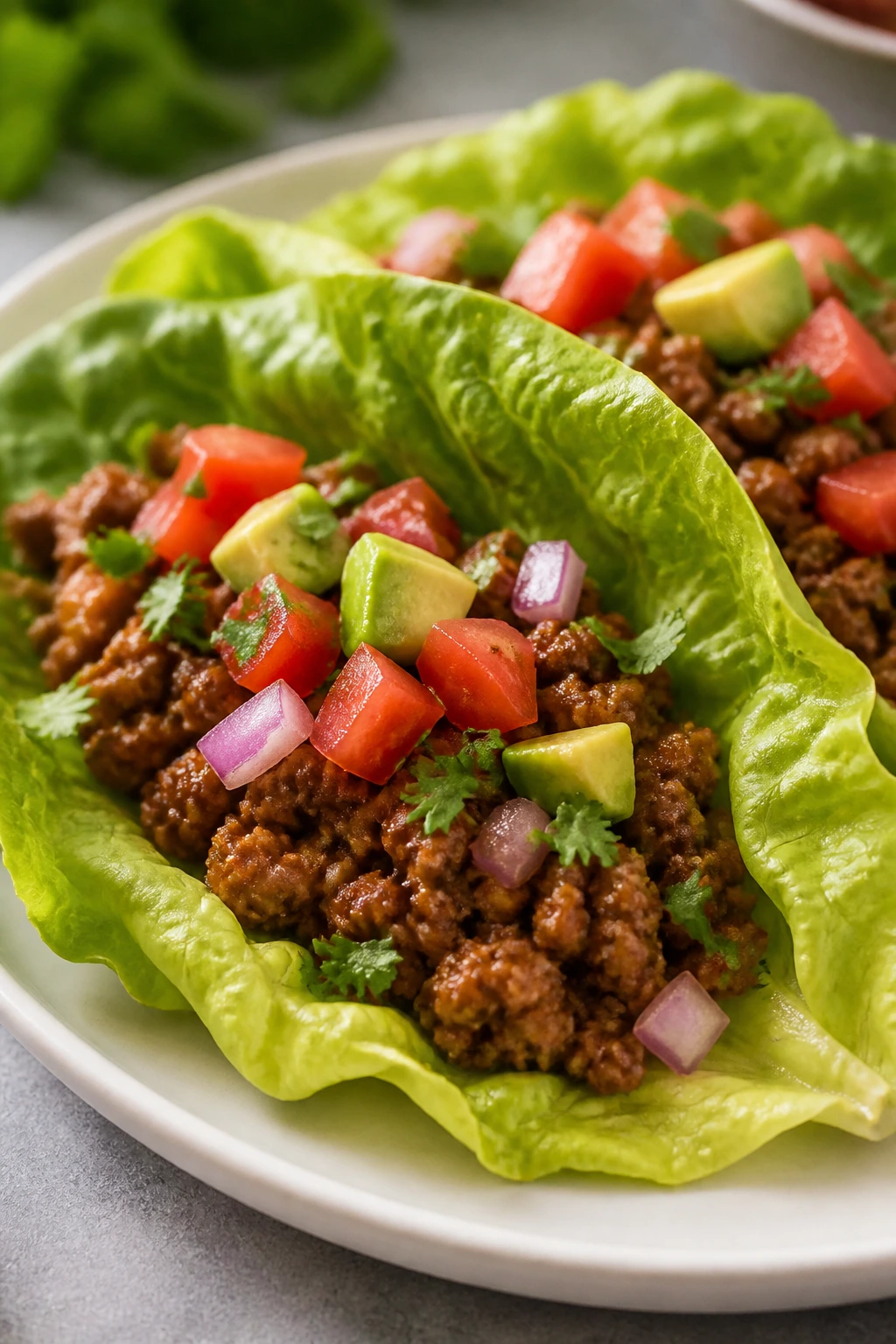 Close-up of a beef lettuce wrap taco on a plate in a cozy kitchen