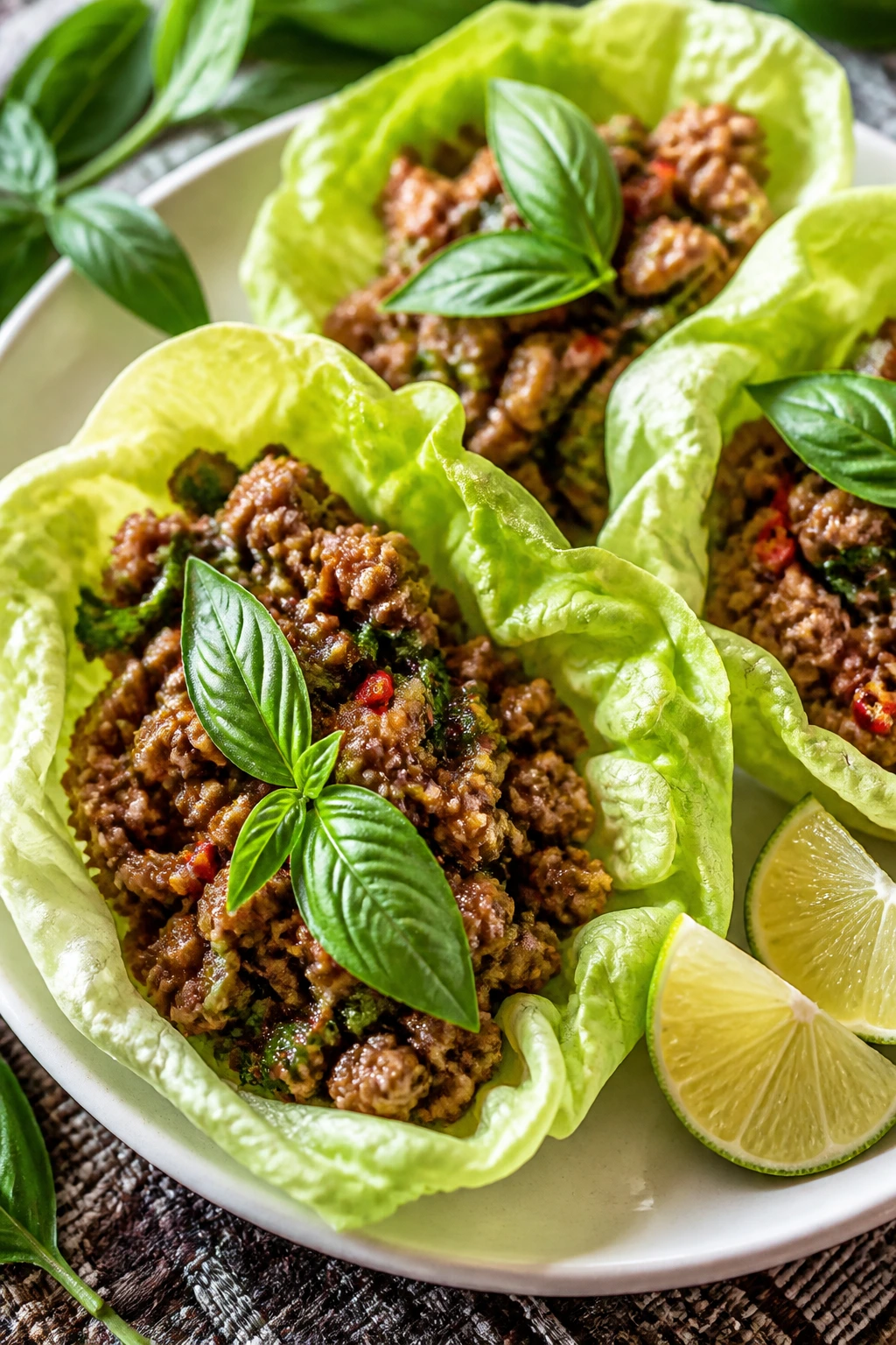 Lettuce wraps filled with beef and Thai basil on a plate