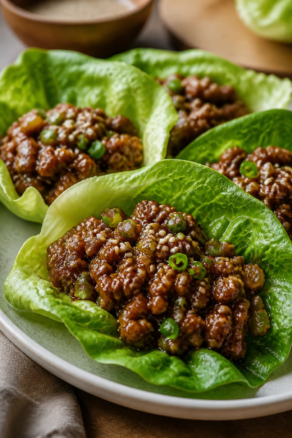 Beef lettuce wraps with sesame-ginger sauce on plate