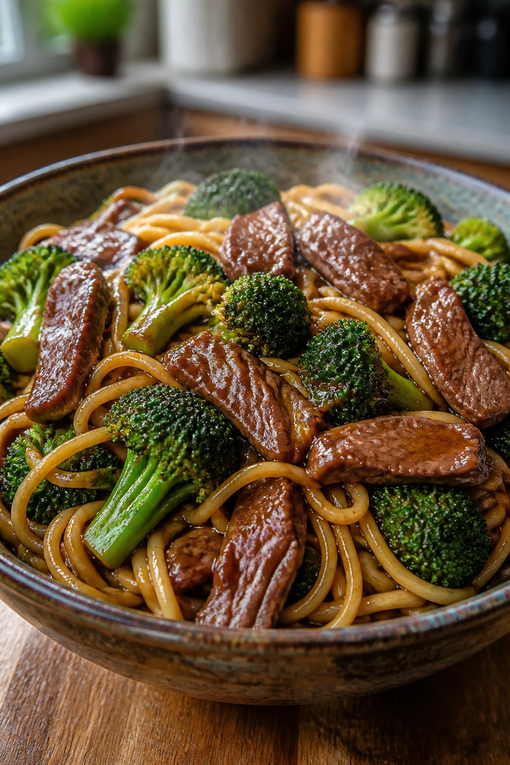 Close-up of beef and broccoli lo mein in a rustic bowl with glossy sauce