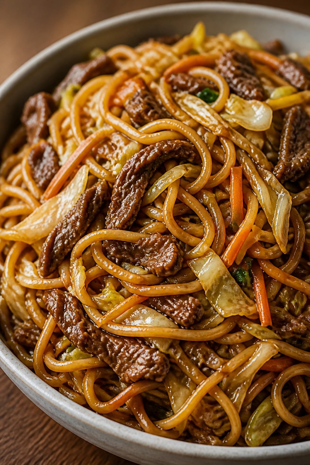 Close-up of beef lo mein noodles with beef and vegetables
