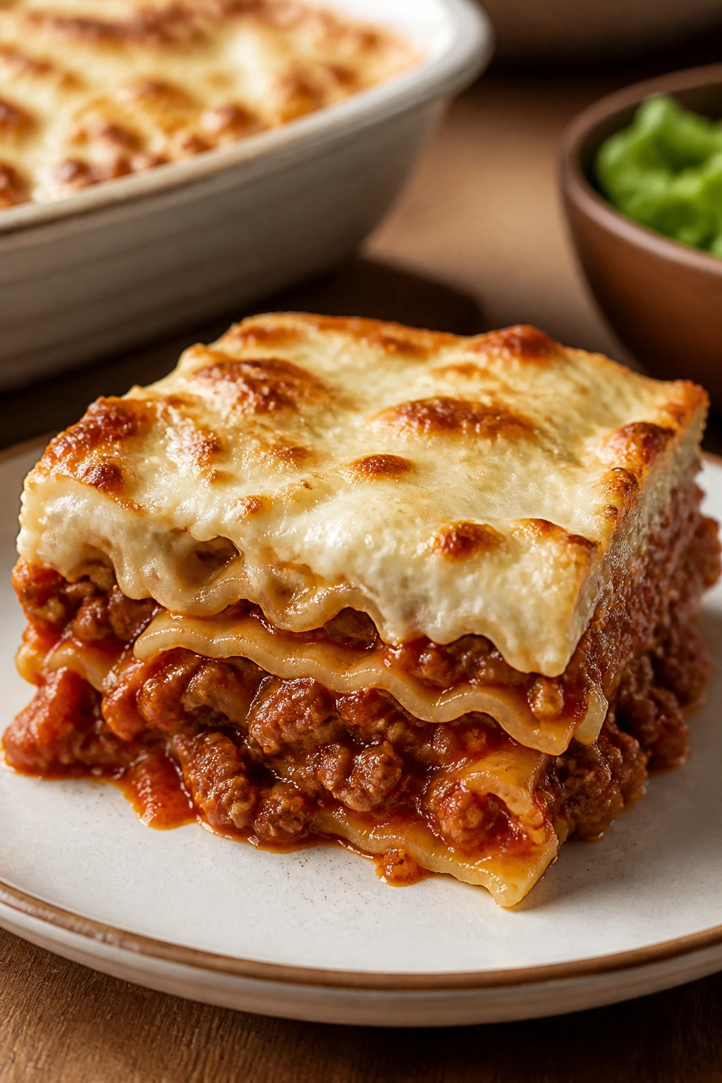 Single square serving of Beef Lombardi casserole on a plate