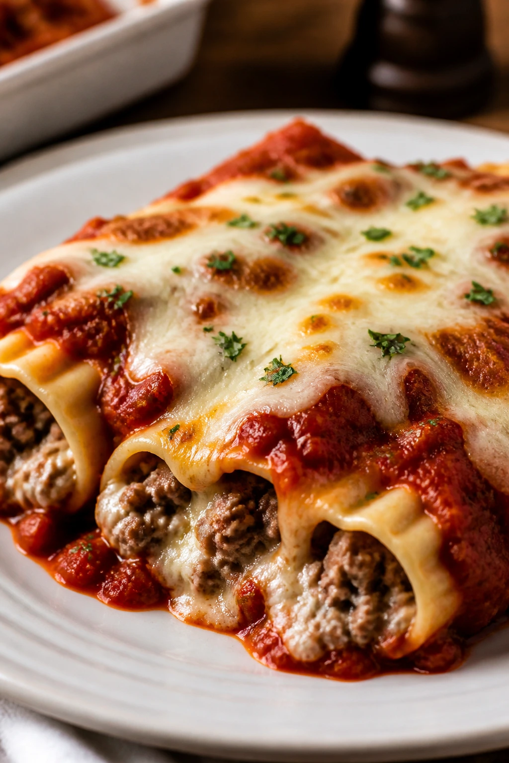 Plate of baked beef and cheese manicotti with bubbling cheese