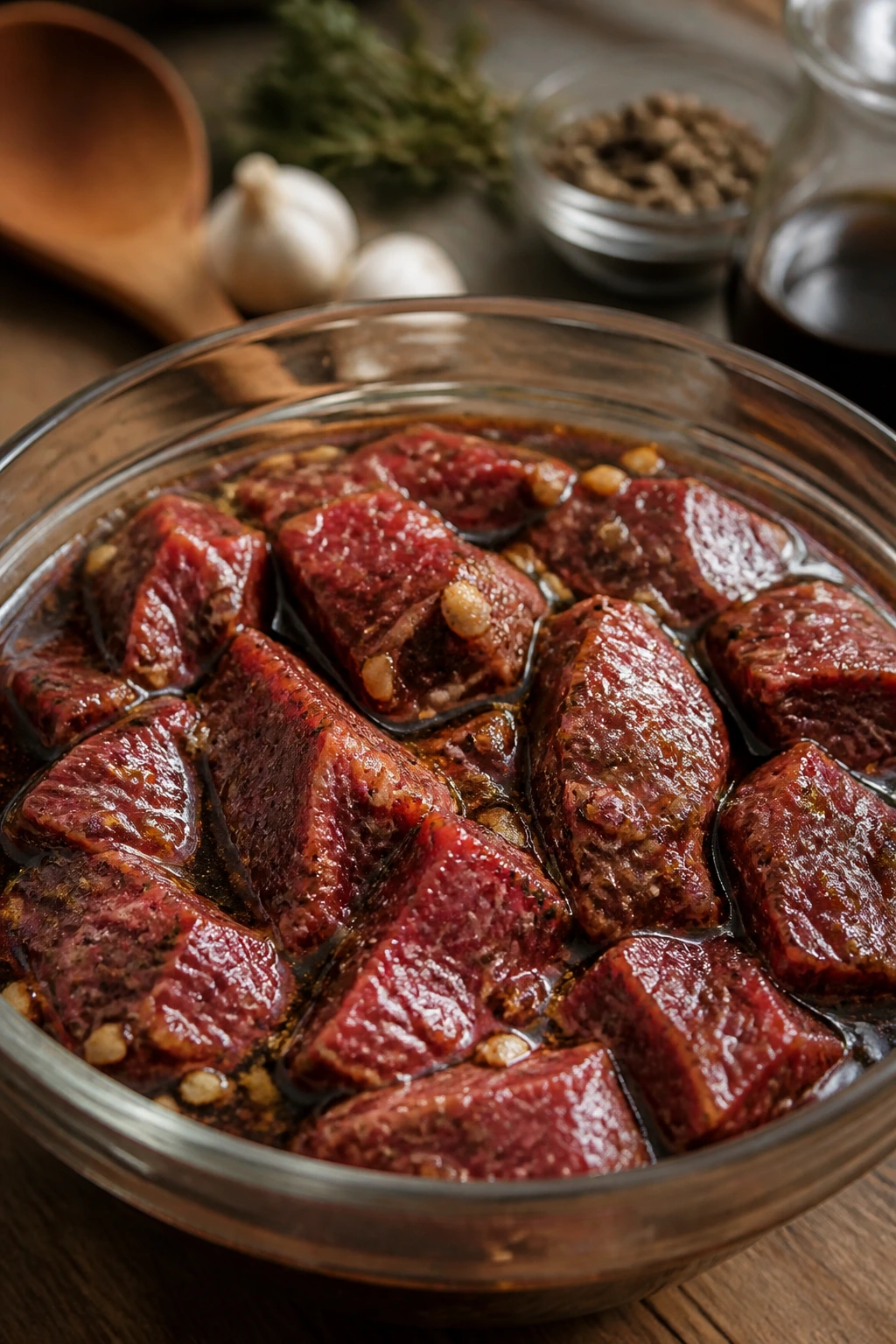 Beef cubes coated in marinade in a glass bowl