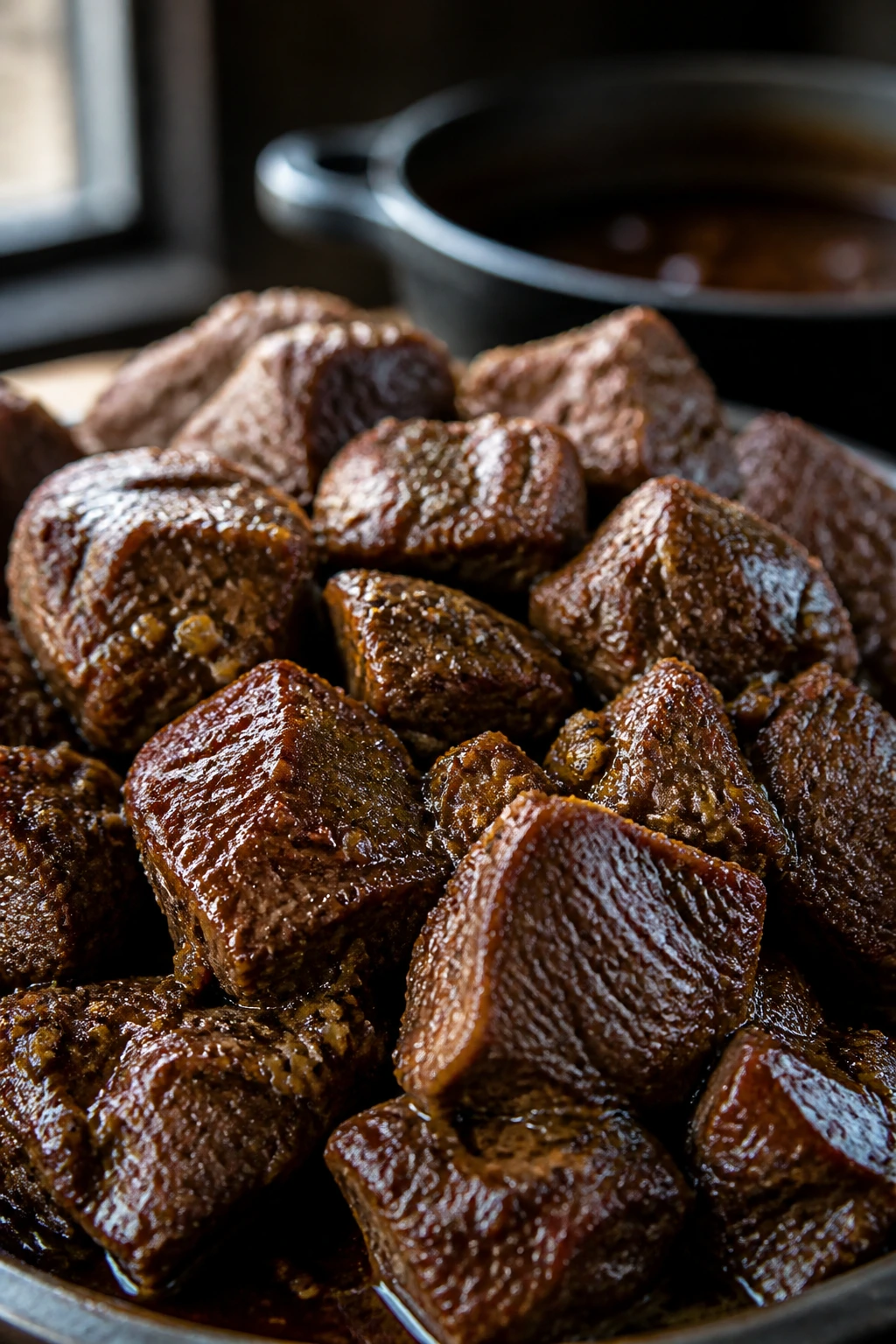 Close-up of marinated beef cubes with deep brown crust in a rustic kitchen