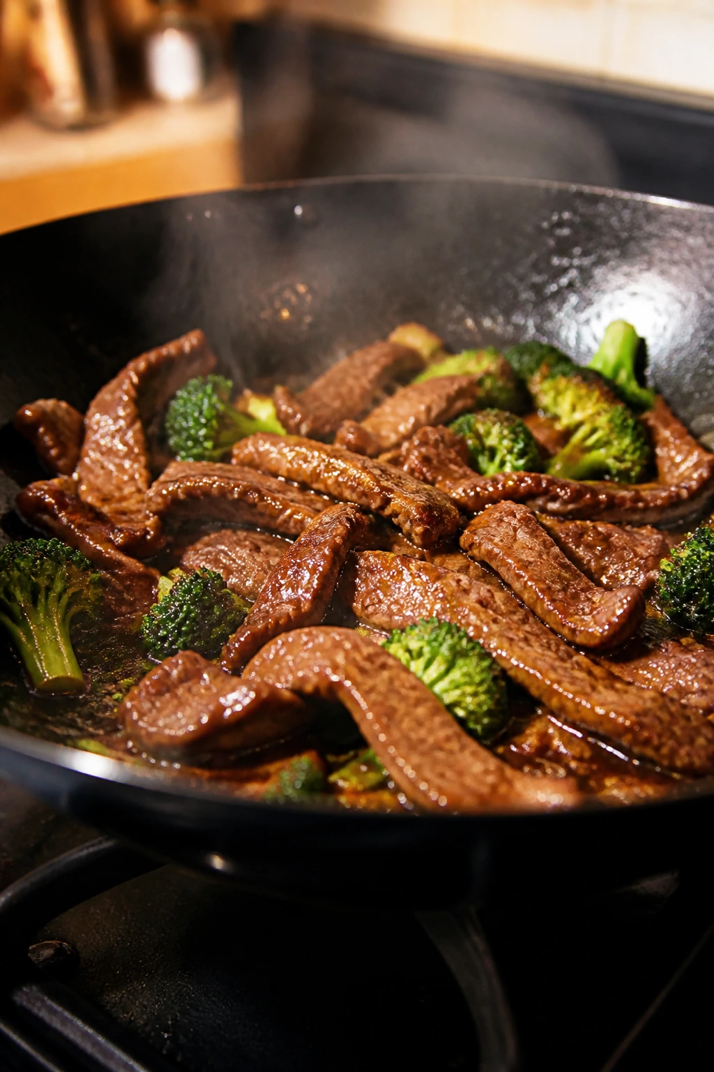Close-up of glossy marinated beef searing in a wok with broccoli in a warm kitchen