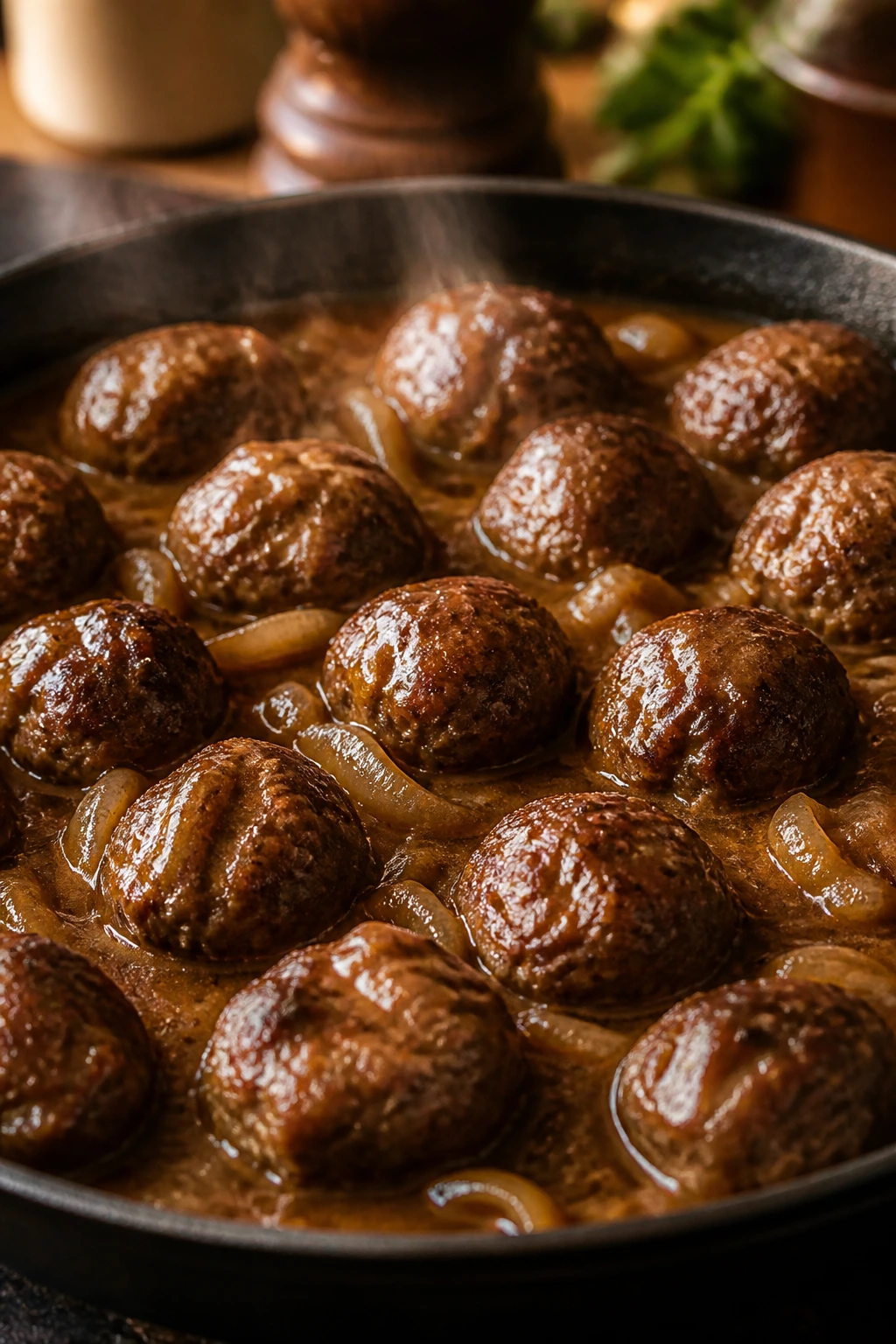 Close-up of classic beef meatballs in brown gravy in a skillet