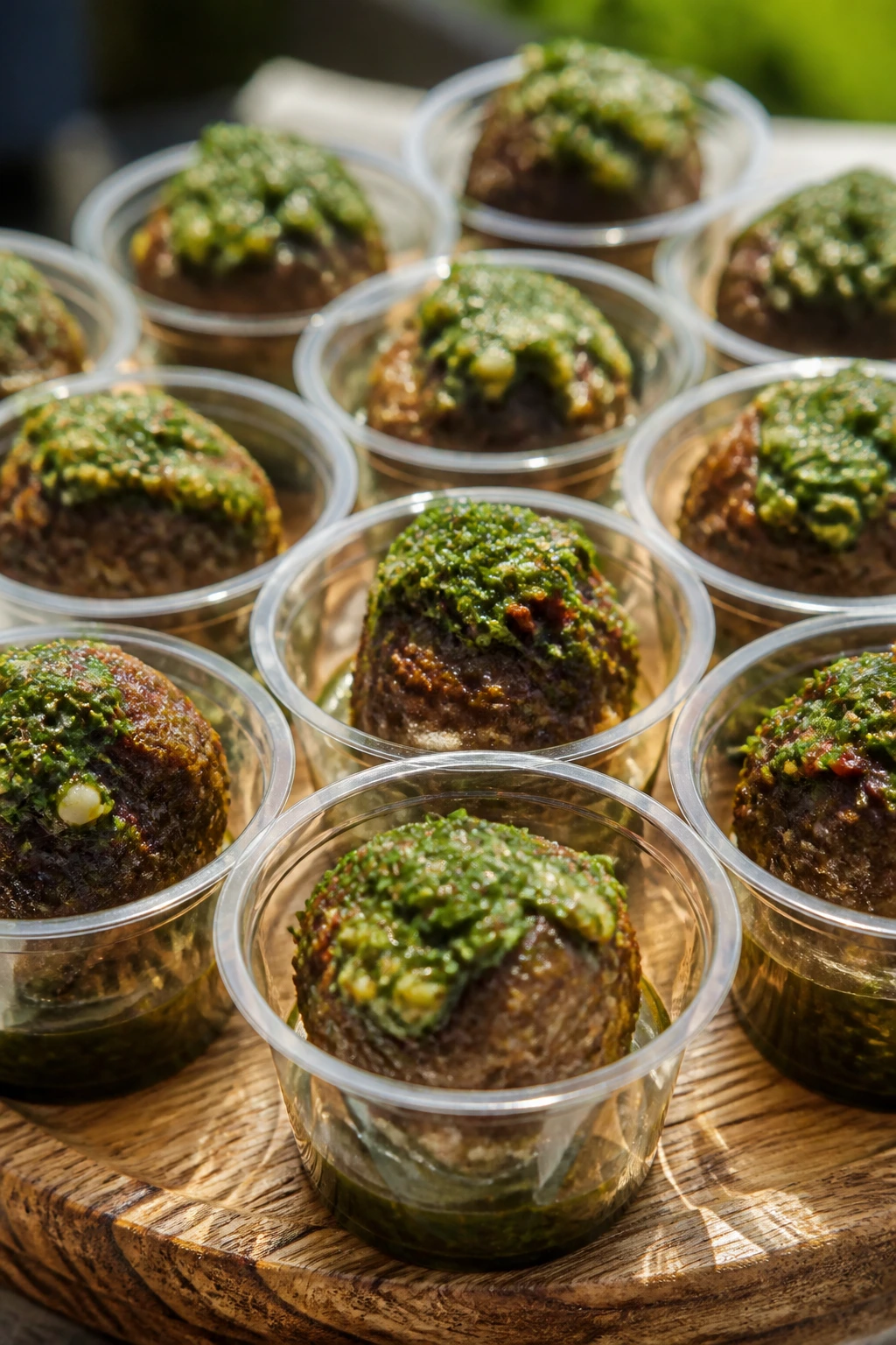 Beef meatballs in cups with chimichurri for a picnic.