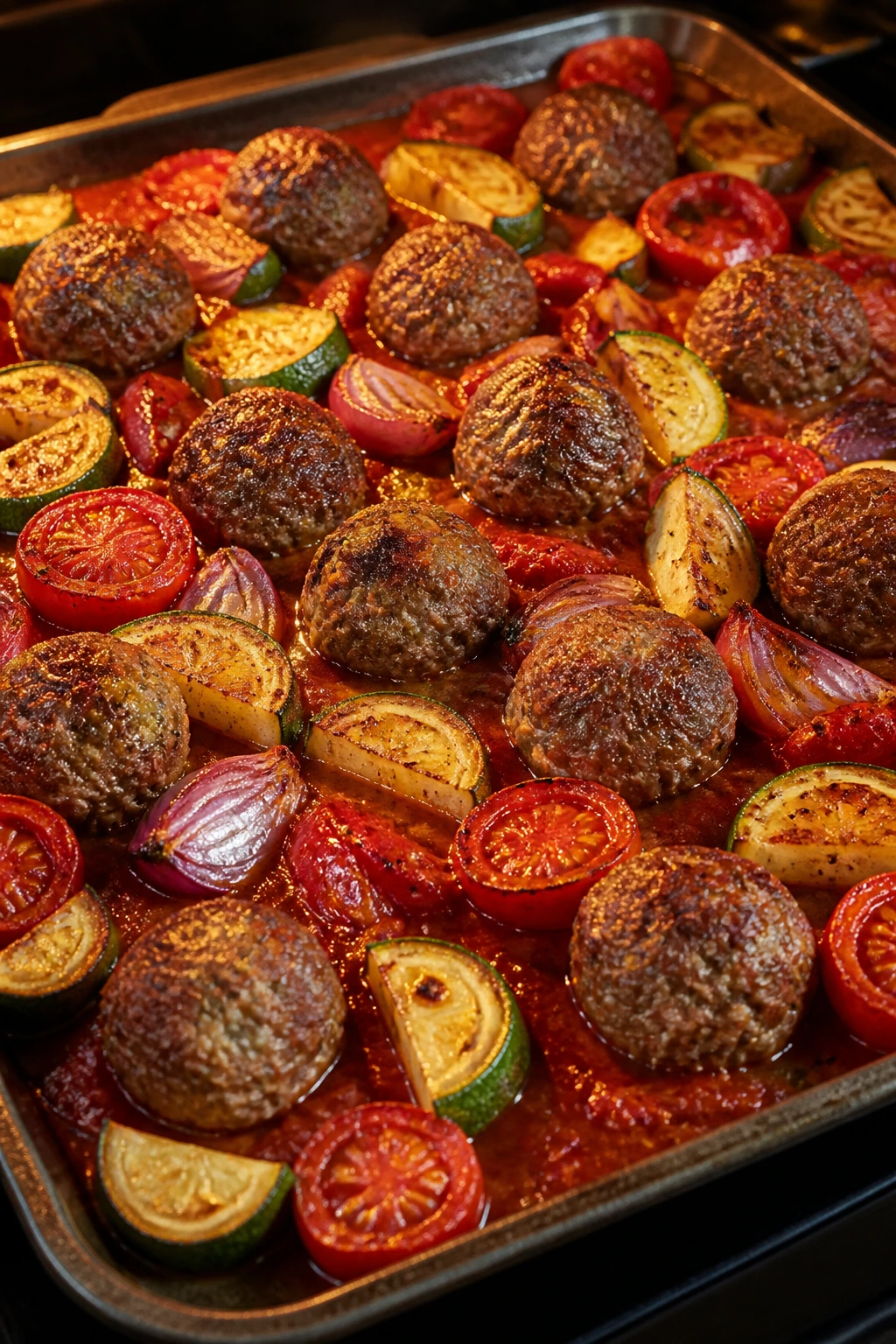 Close-up of baked beef meatballs with roasted vegetables and marinara on a sheet pan.