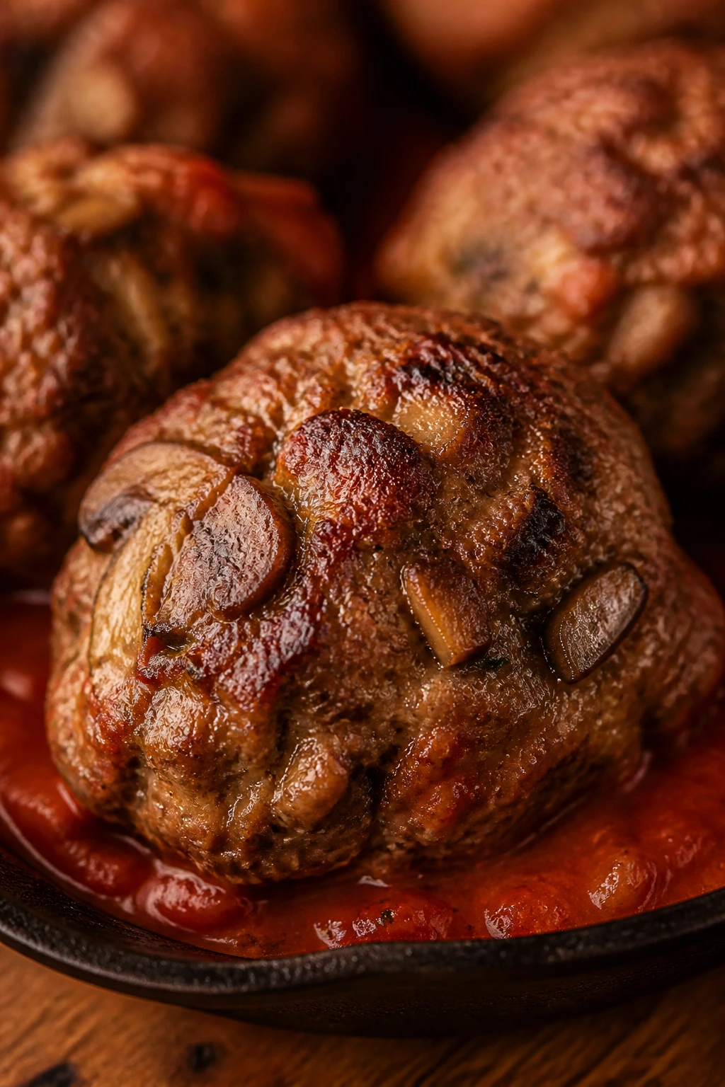 Close-up of mushroom-enhanced beef meatball in sauce