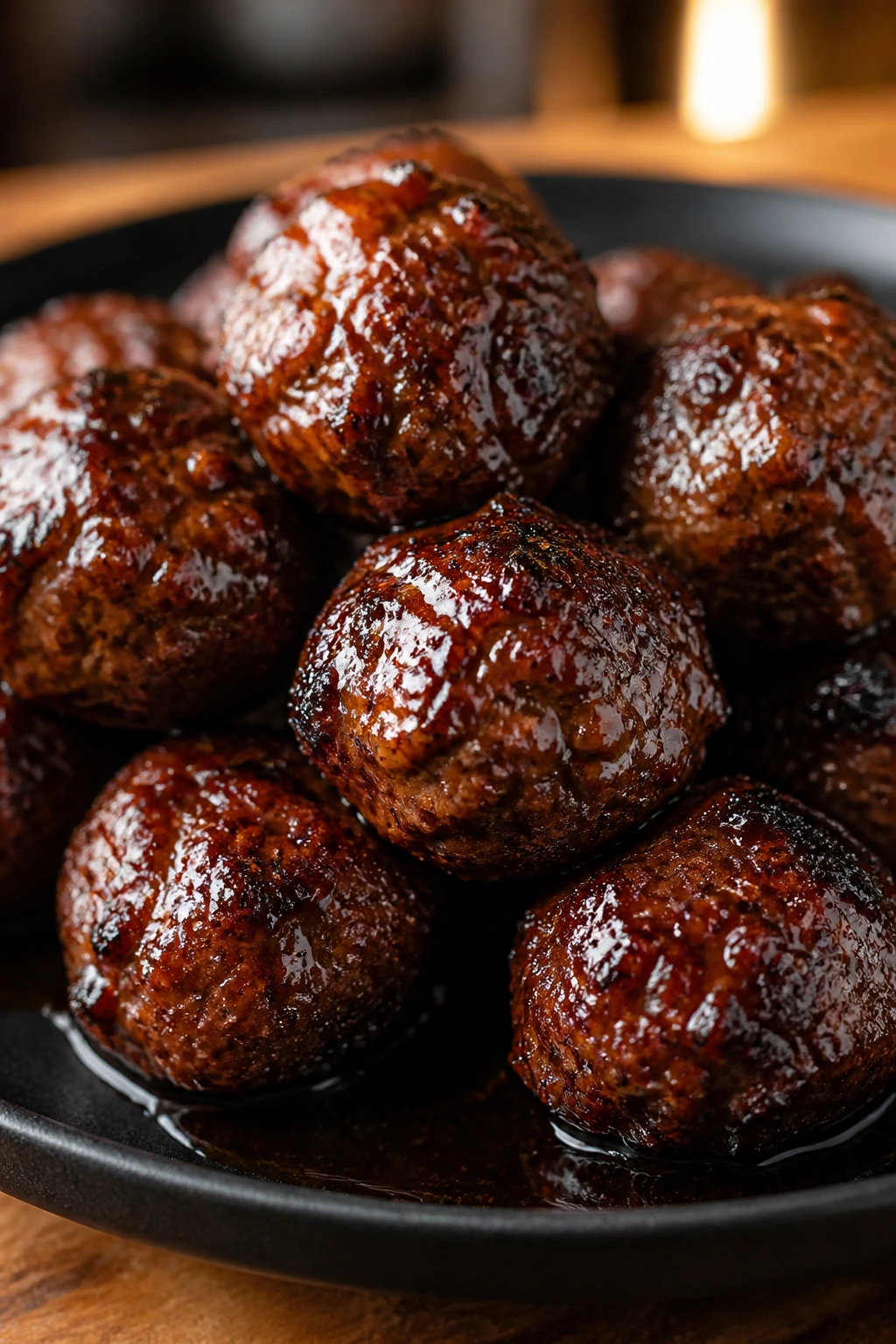 Close-up of Sticky Soy Beef Meatballs with glossy lacquer glaze