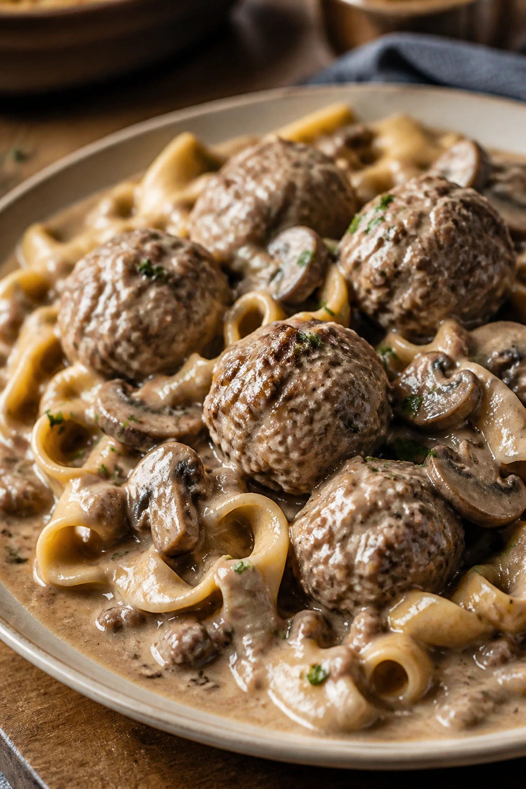 Beef meatballs in creamy mushroom stroganoff sauce with noodles