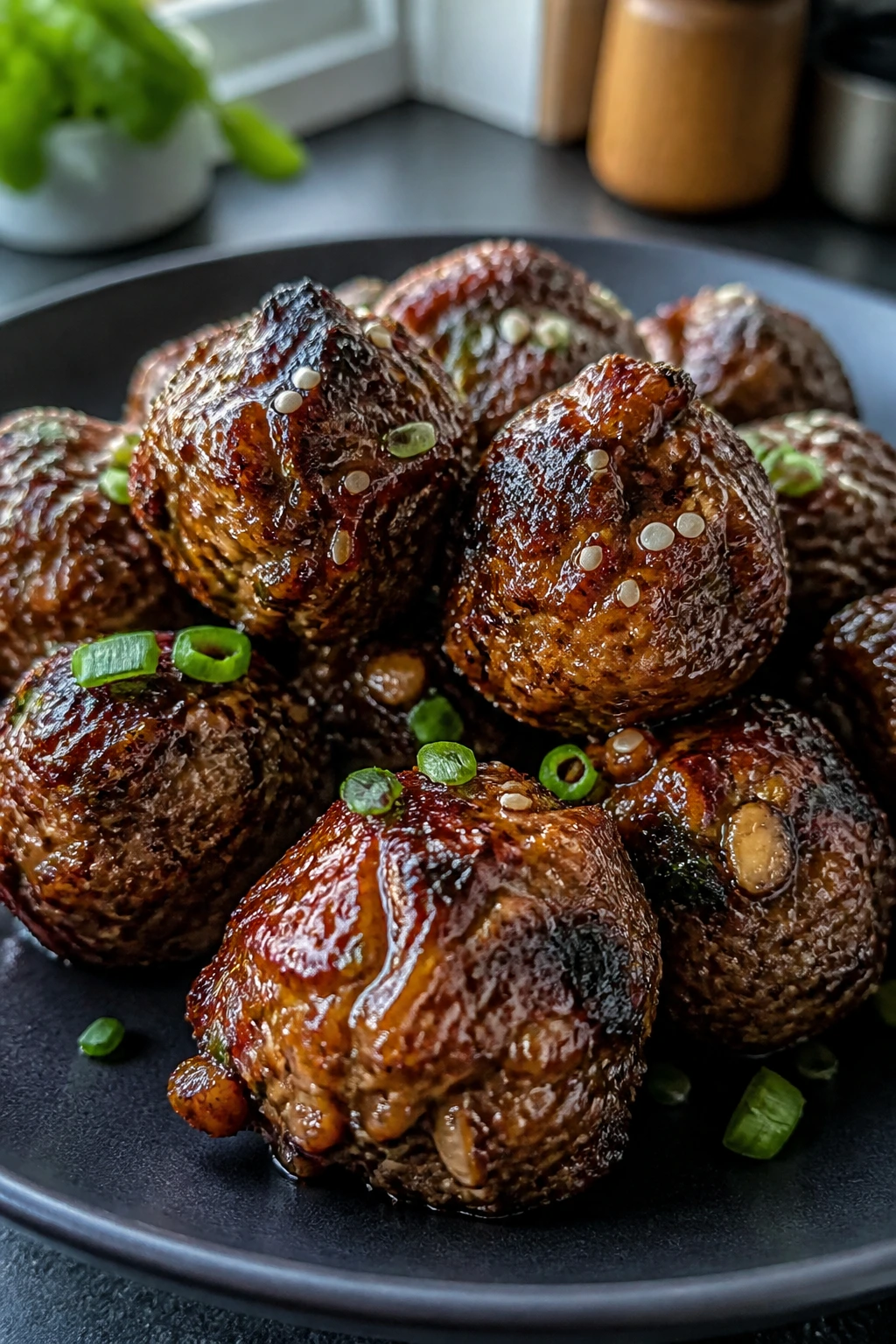 Close-up of Mushroom-Beef Umami Meatballs on a dark plate