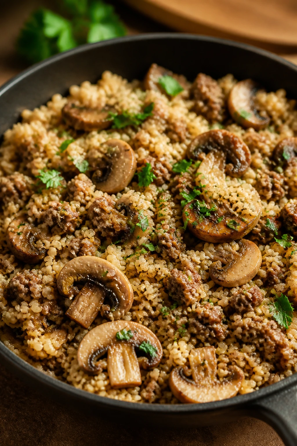 Close-up of beef and mushroom couscous with parsley